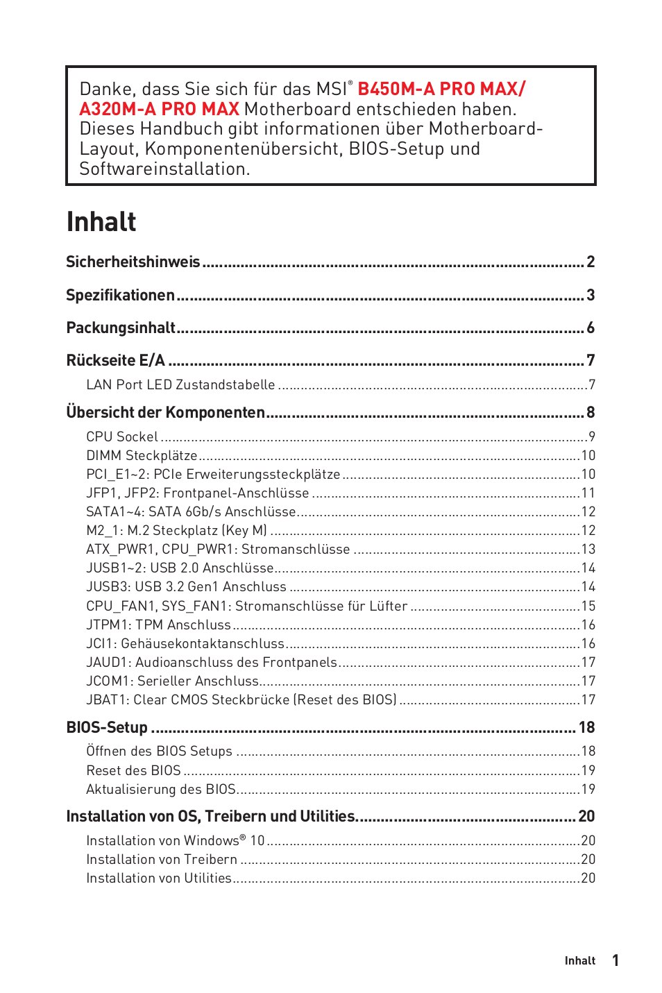 Inhalt, Danke, dass sie sich für das msi | MSI B450M-A PRO MAX AM4 Micro-ATX Motherboard User Manual | Page 61 / 165