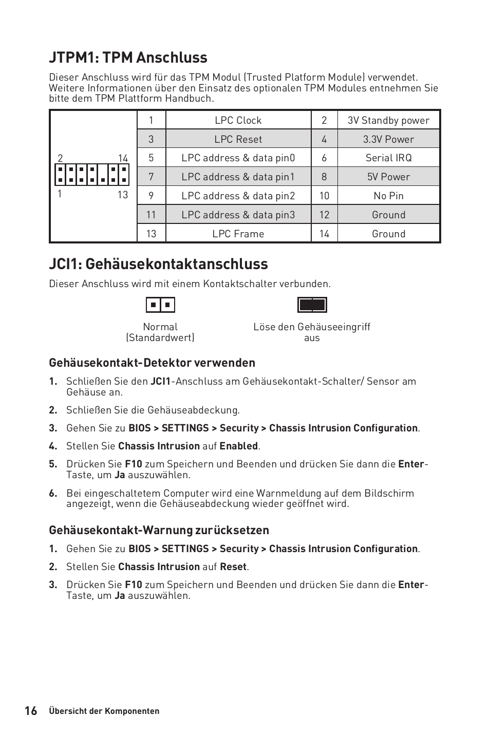 Jtpm1: tpm anschluss, Jci1: gehäusekontaktanschluss | MSI B450M-A PRO MAX AM4 Micro-ATX Motherboard User Manual | Page 76 / 165