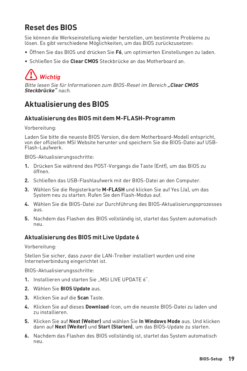 Reset des bios, Aktualisierung des bios | MSI B450M-A PRO MAX AM4 Micro-ATX Motherboard User Manual | Page 79 / 165