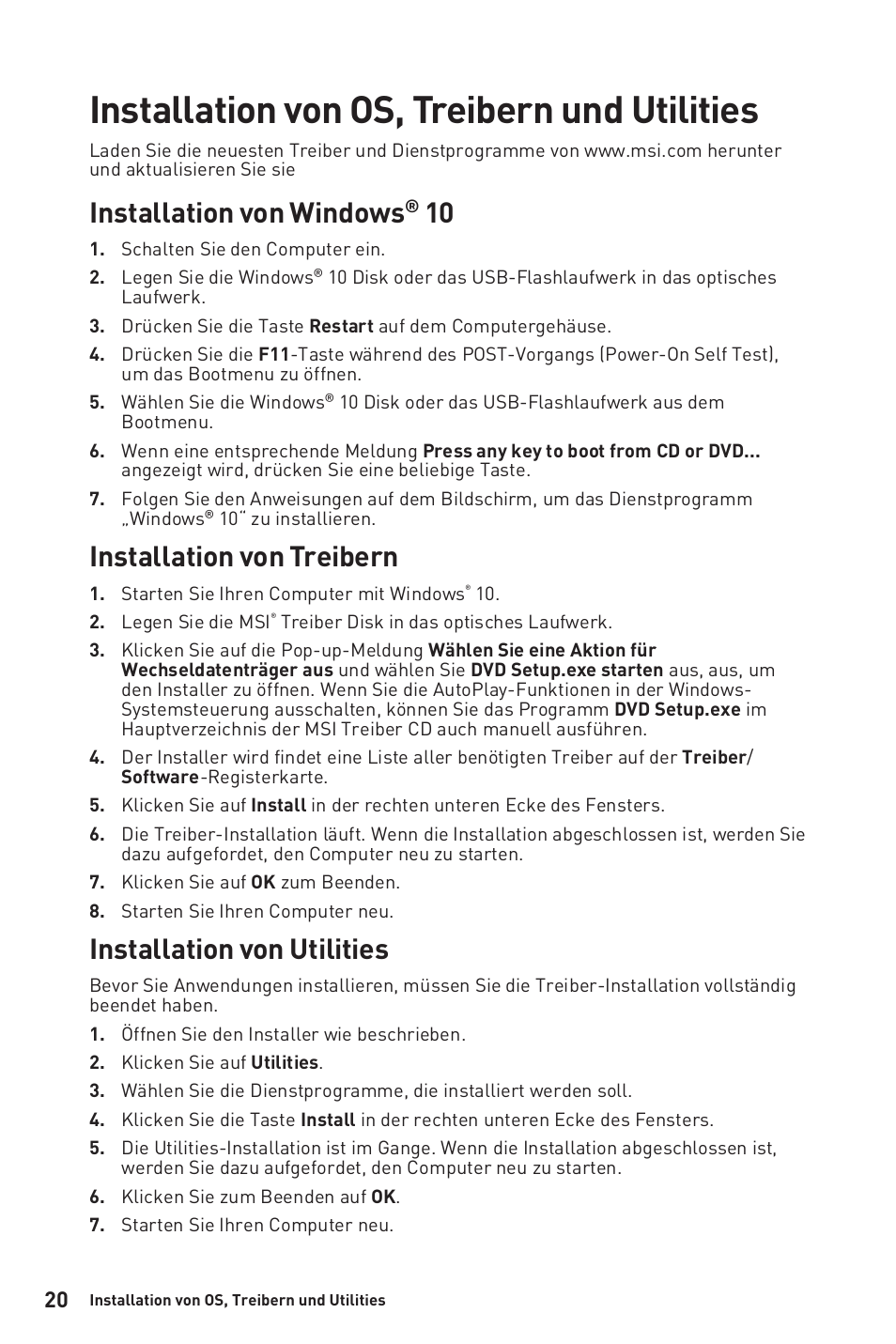 Installation von os, treibern und utilities, Installation von windows® 10, Installation von treibern | Installation von utilities | MSI B450M-A PRO MAX AM4 Micro-ATX Motherboard User Manual | Page 80 / 165