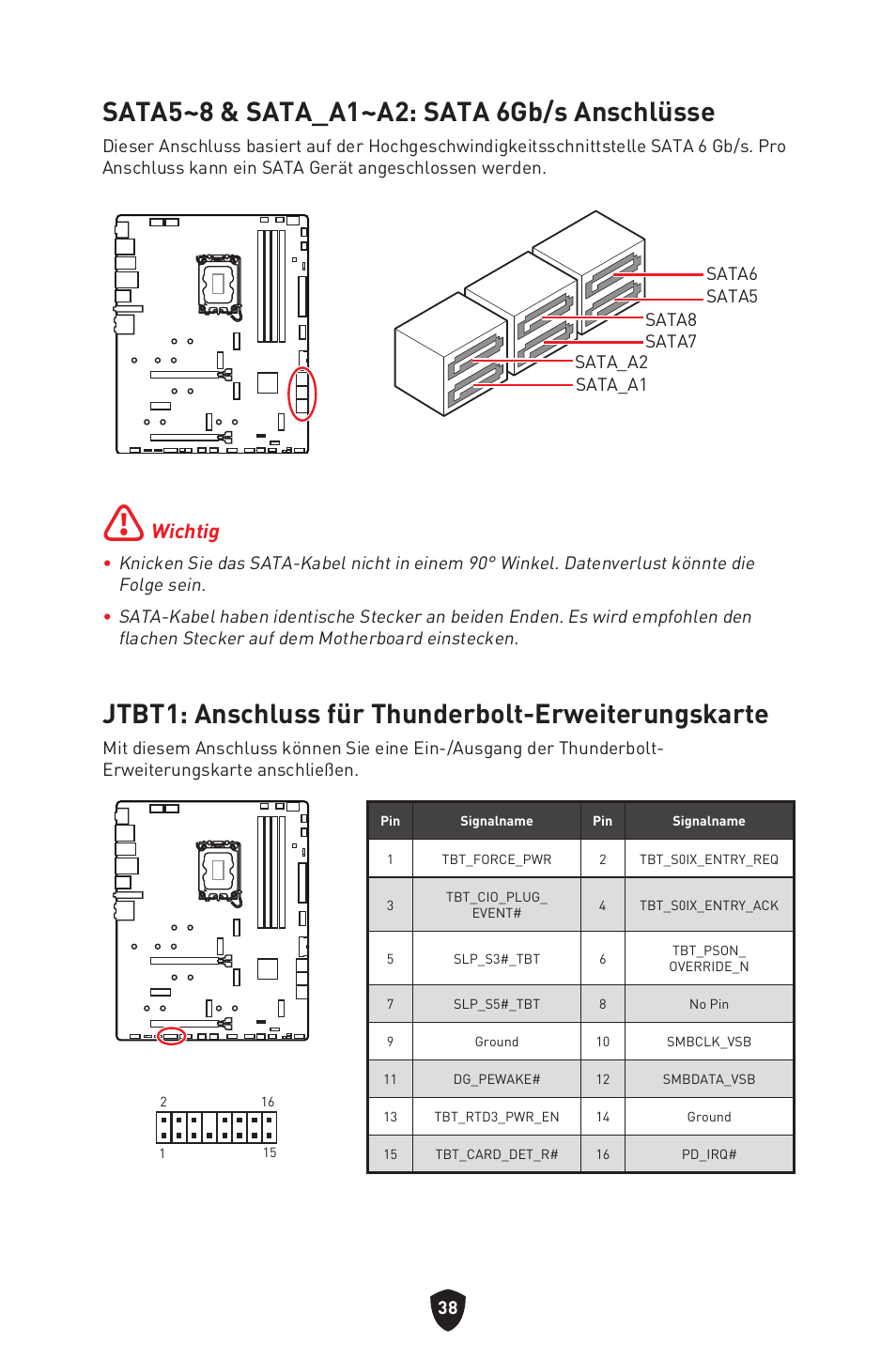 Sata5~8 & sata_a1~a2: sata 6gb/s anschlüsse, Jtbt1: anschluss für thunderbolt-erweiterungskarte, Wichtig | MSI MPG Z790 CARBON WIFI LGA 1700 ATX Motherboard User Manual | Page 104 / 524