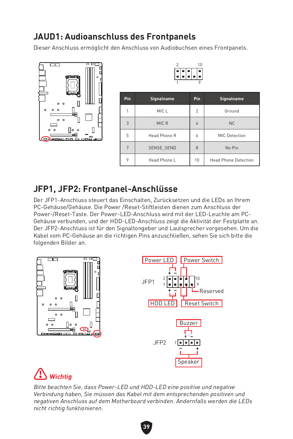 Jaud1: audioanschluss des frontpanels, Jfp1, jfp2: frontpanel-anschlüsse, Wichtig | MSI MPG Z790 CARBON WIFI LGA 1700 ATX Motherboard User Manual | Page 105 / 524