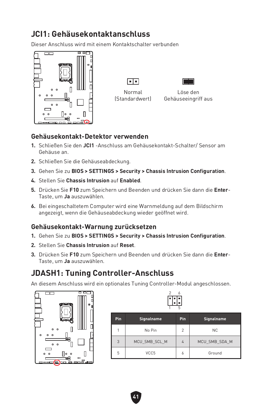 Jci1: gehäusekontaktanschluss, Jdash1: tuning controller-anschluss, Gehäusekontakt-detektor verwenden | Gehäusekontakt-warnung zurücksetzen | MSI MPG Z790 CARBON WIFI LGA 1700 ATX Motherboard User Manual | Page 107 / 524