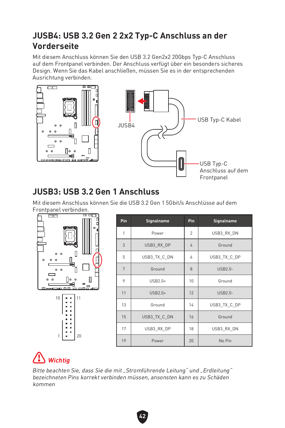 Jusb3: usb 3.2 gen 1 anschluss, Wichtig | MSI MPG Z790 CARBON WIFI LGA 1700 ATX Motherboard User Manual | Page 108 / 524