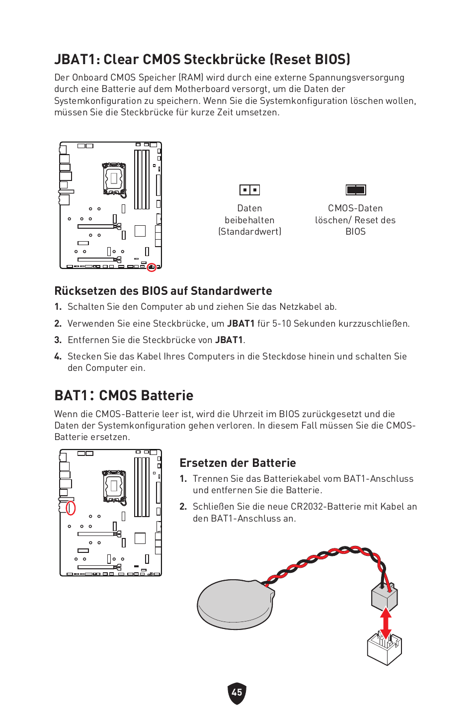 Jbat1: clear cmos steckbrücke (reset bios), Bat1： cmos batterie, Rücksetzen des bios auf standardwerte | Ersetzen der batterie | MSI MPG Z790 CARBON WIFI LGA 1700 ATX Motherboard User Manual | Page 111 / 524