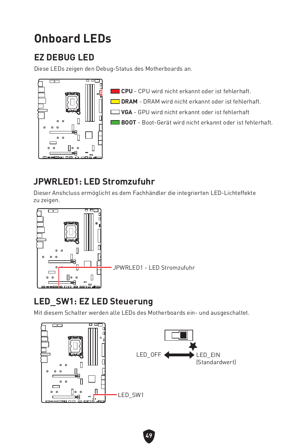 Onboard leds, Ez debug led, Jpwrled1: led stromzufuhr | Led_sw1: ez led steuerung | MSI MPG Z790 CARBON WIFI LGA 1700 ATX Motherboard User Manual | Page 115 / 524