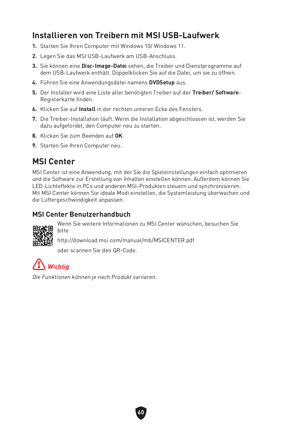 Msi center, Installieren von treibern mit msi usb-laufwerk | MSI MPG Z790 CARBON WIFI LGA 1700 ATX Motherboard User Manual | Page 126 / 524