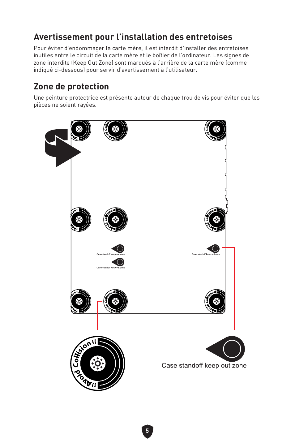 Avertissement pour l’installation des entretoises, Zone de protection | MSI MPG Z790 CARBON WIFI LGA 1700 ATX Motherboard User Manual | Page 135 / 524