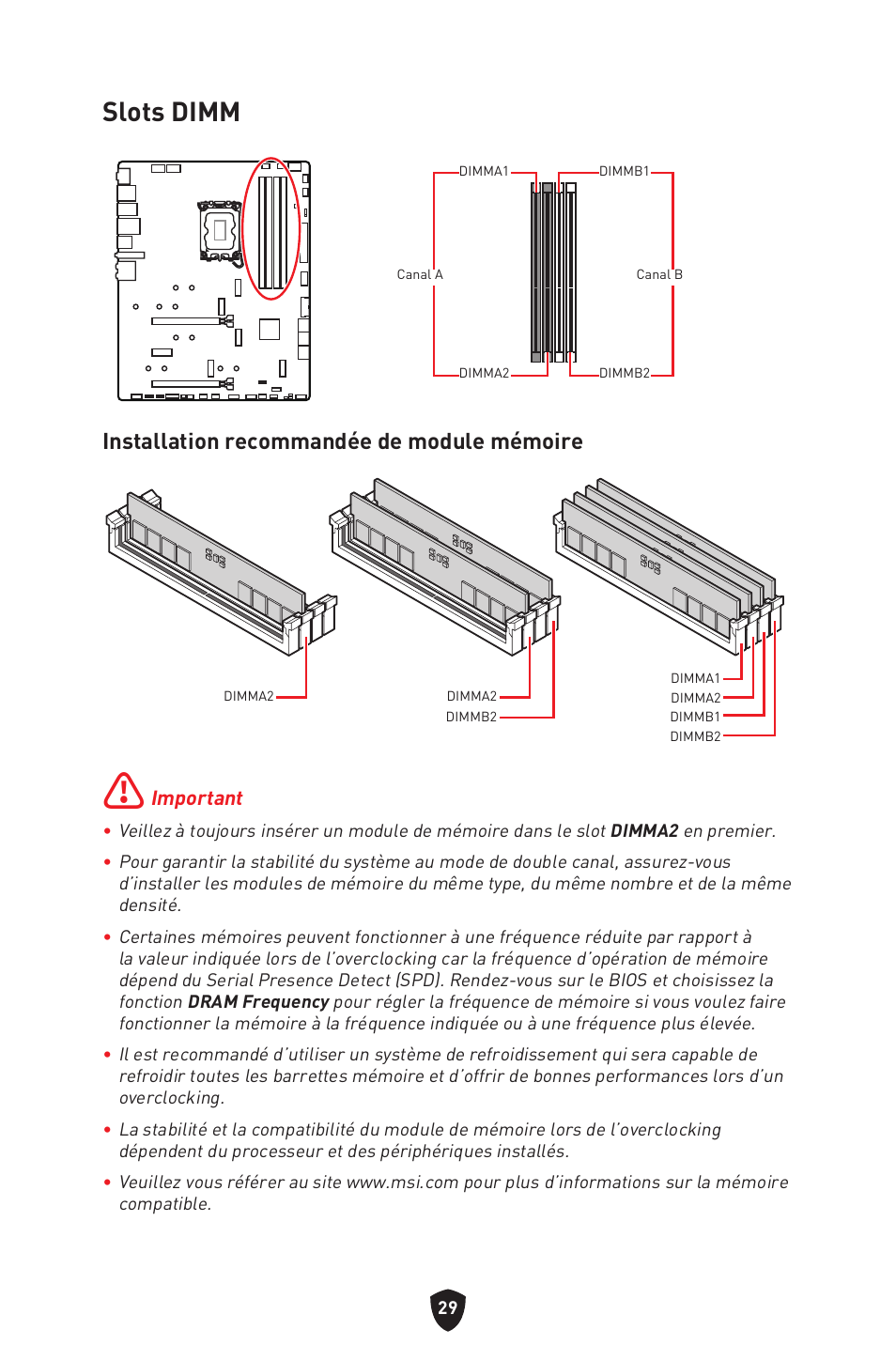 Slots dimm, Installation recommandée de module mémoire | MSI MPG Z790 CARBON WIFI LGA 1700 ATX Motherboard User Manual | Page 159 / 524