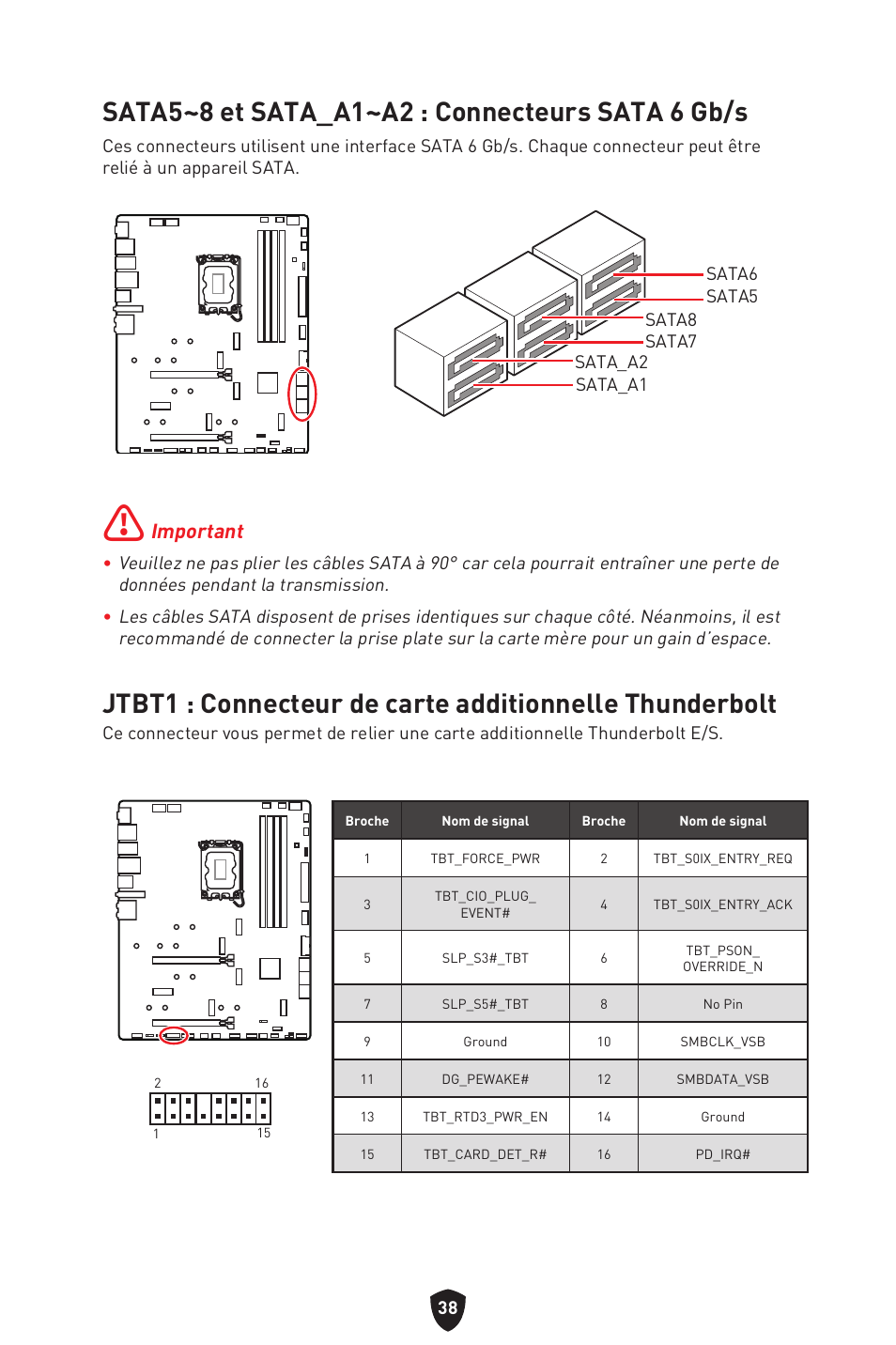 Sata5~8 et sata_a1~a2 : connecteurs sata 6 gb/s, Important | MSI MPG Z790 CARBON WIFI LGA 1700 ATX Motherboard User Manual | Page 168 / 524