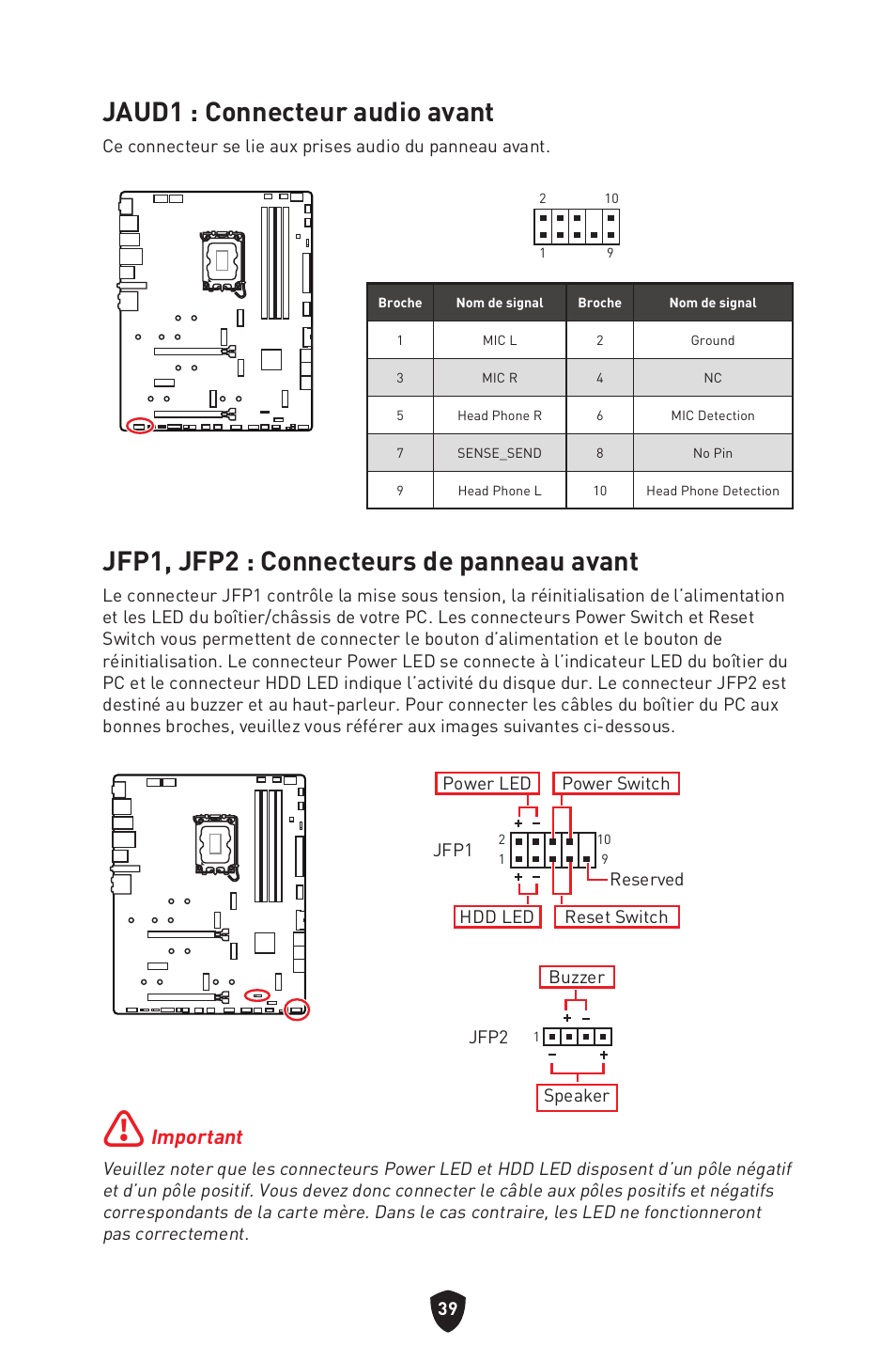 Jaud1 : connecteur audio avant, Jfp1, jfp2 : connecteurs de panneau avant, Important | MSI MPG Z790 CARBON WIFI LGA 1700 ATX Motherboard User Manual | Page 169 / 524