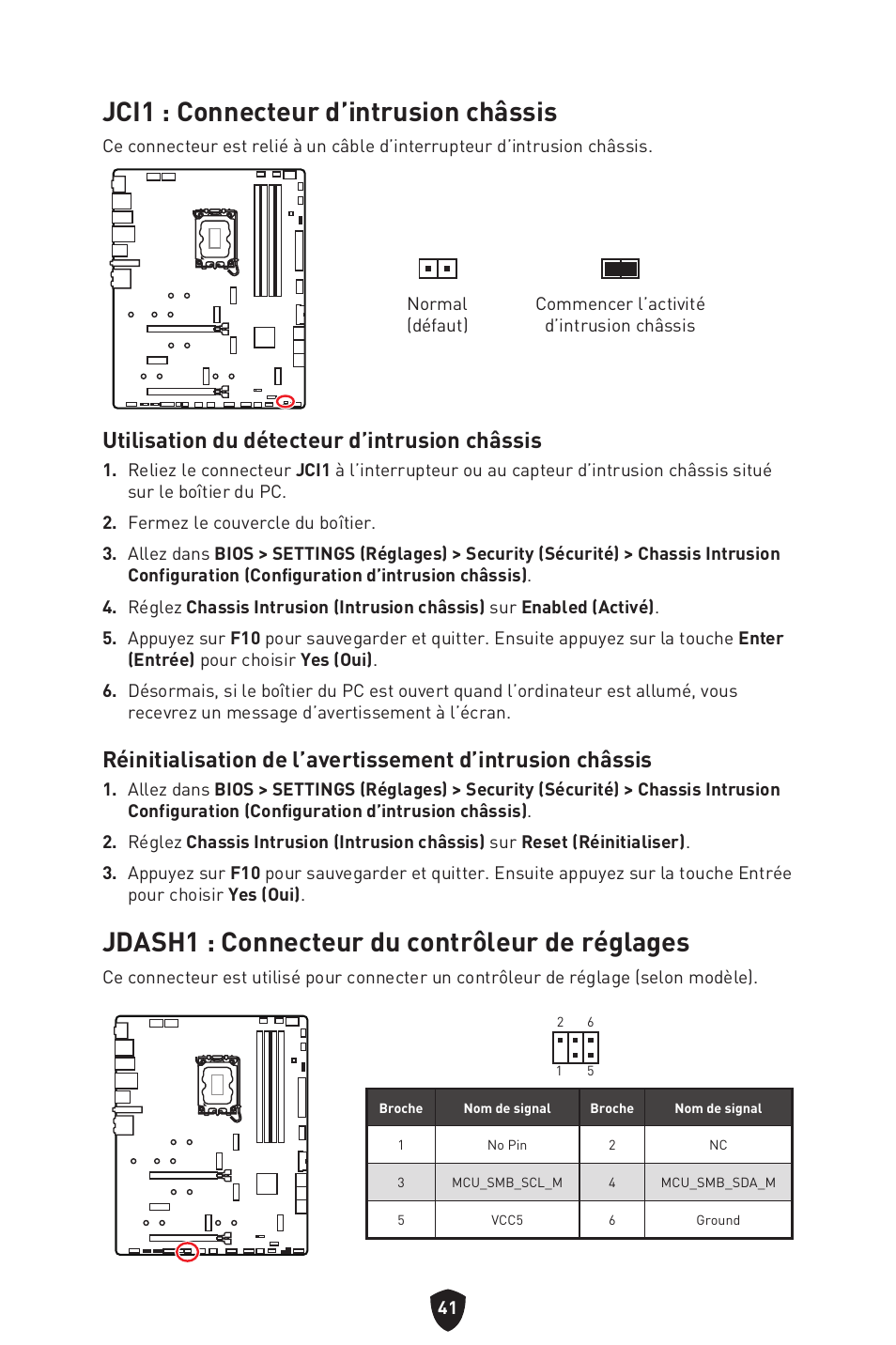 Jci1 : connecteur d’intrusion châssis, Jdash1 : connecteur du contrôleur de réglages, Utilisation du détecteur d’intrusion châssis | MSI MPG Z790 CARBON WIFI LGA 1700 ATX Motherboard User Manual | Page 171 / 524