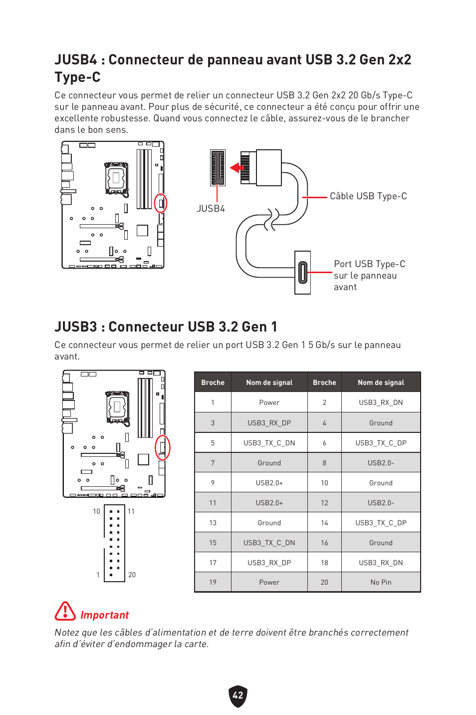 Jusb3 : connecteur usb 3.2 gen 1, Important | MSI MPG Z790 CARBON WIFI LGA 1700 ATX Motherboard User Manual | Page 172 / 524