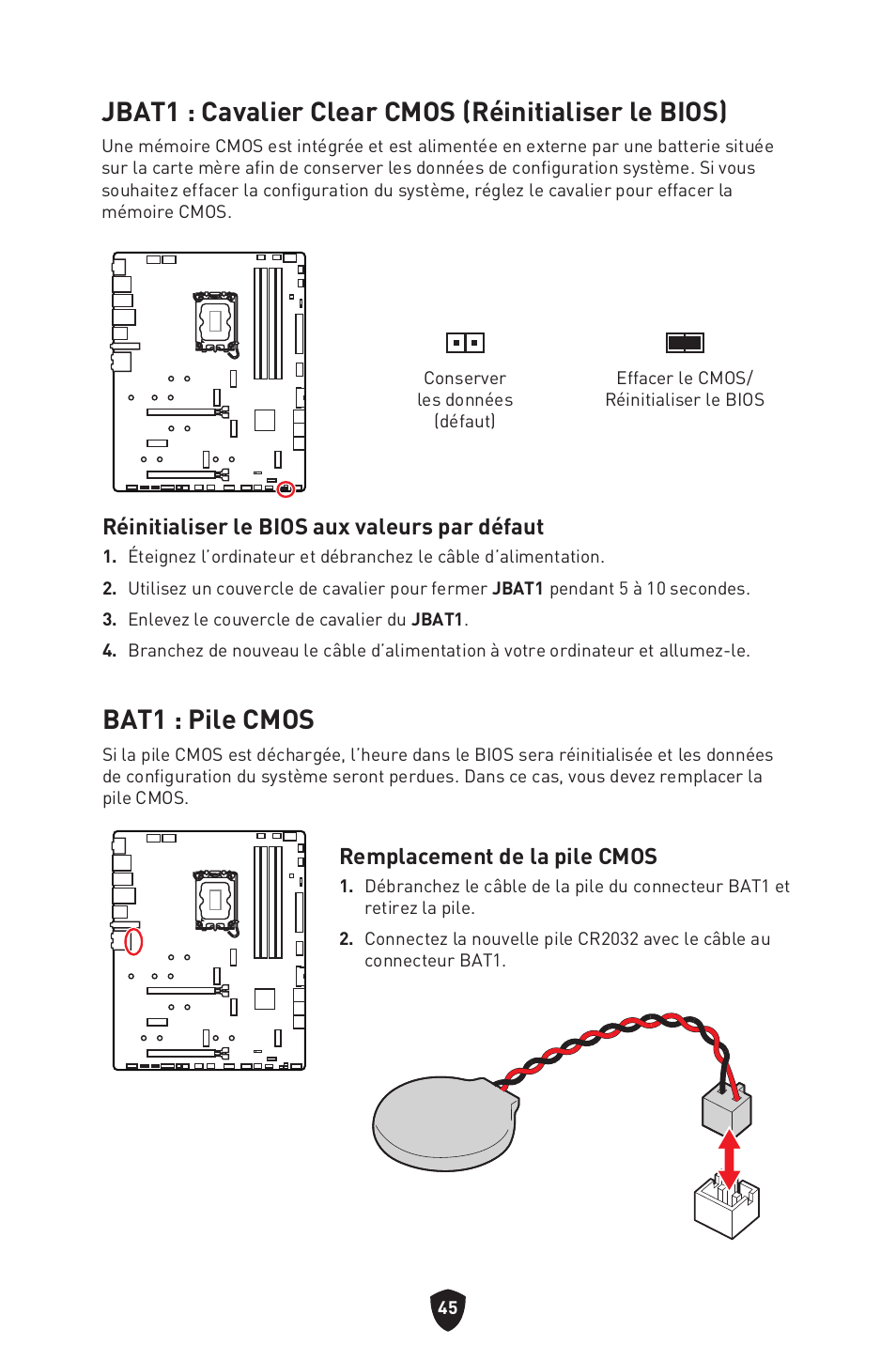 Bat1 : pile cmos, Réinitialiser le bios aux valeurs par défaut, Remplacement de la pile cmos | MSI MPG Z790 CARBON WIFI LGA 1700 ATX Motherboard User Manual | Page 175 / 524