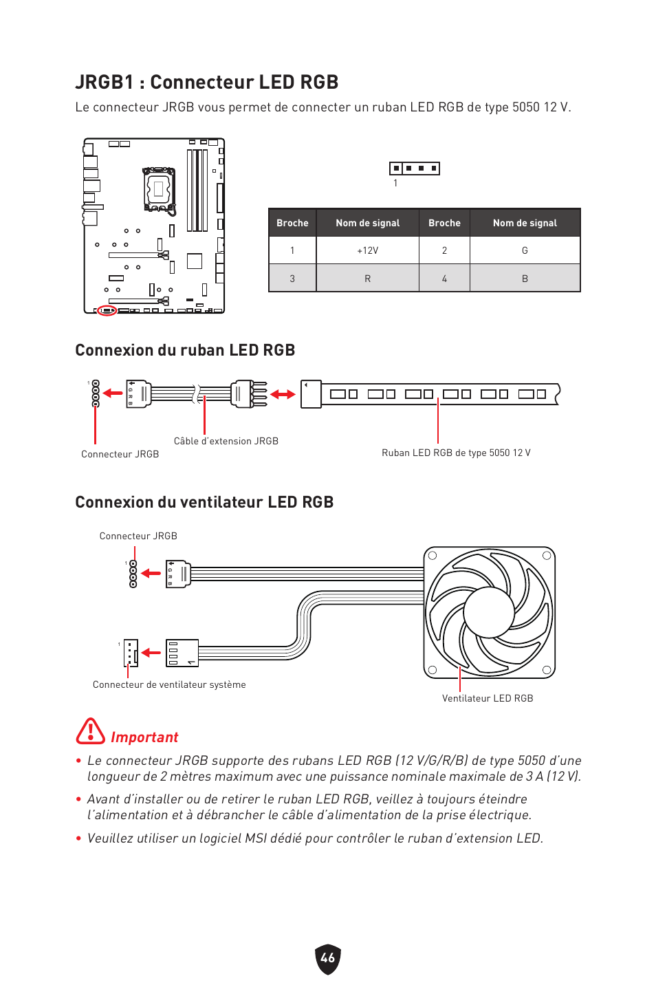 Jrgb1 : connecteur led rgb, Connexion du ruban led rgb, Connexion du ventilateur led rgb | Important | MSI MPG Z790 CARBON WIFI LGA 1700 ATX Motherboard User Manual | Page 176 / 524