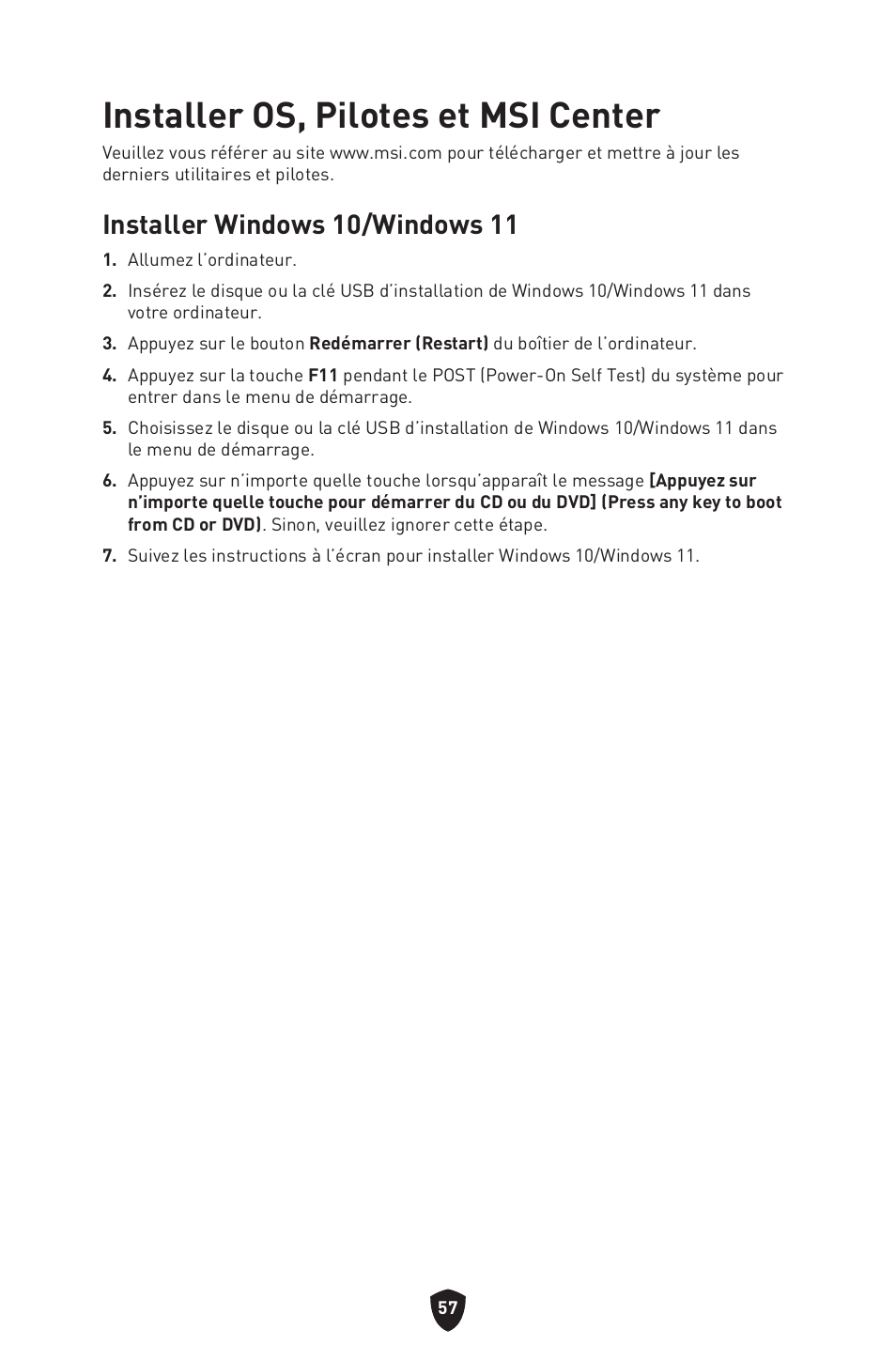 Installer os, pilotes et msi center, Installer windows 10/windows 11 | MSI MPG Z790 CARBON WIFI LGA 1700 ATX Motherboard User Manual | Page 187 / 524