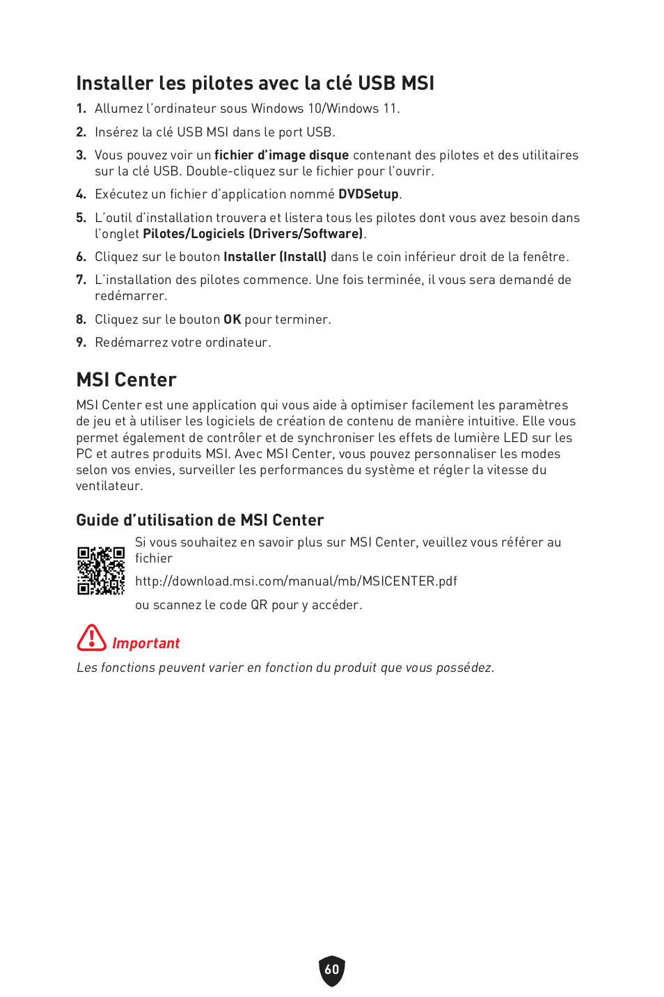 Msi center, Installer les pilotes avec la clé usb msi | MSI MPG Z790 CARBON WIFI LGA 1700 ATX Motherboard User Manual | Page 190 / 524