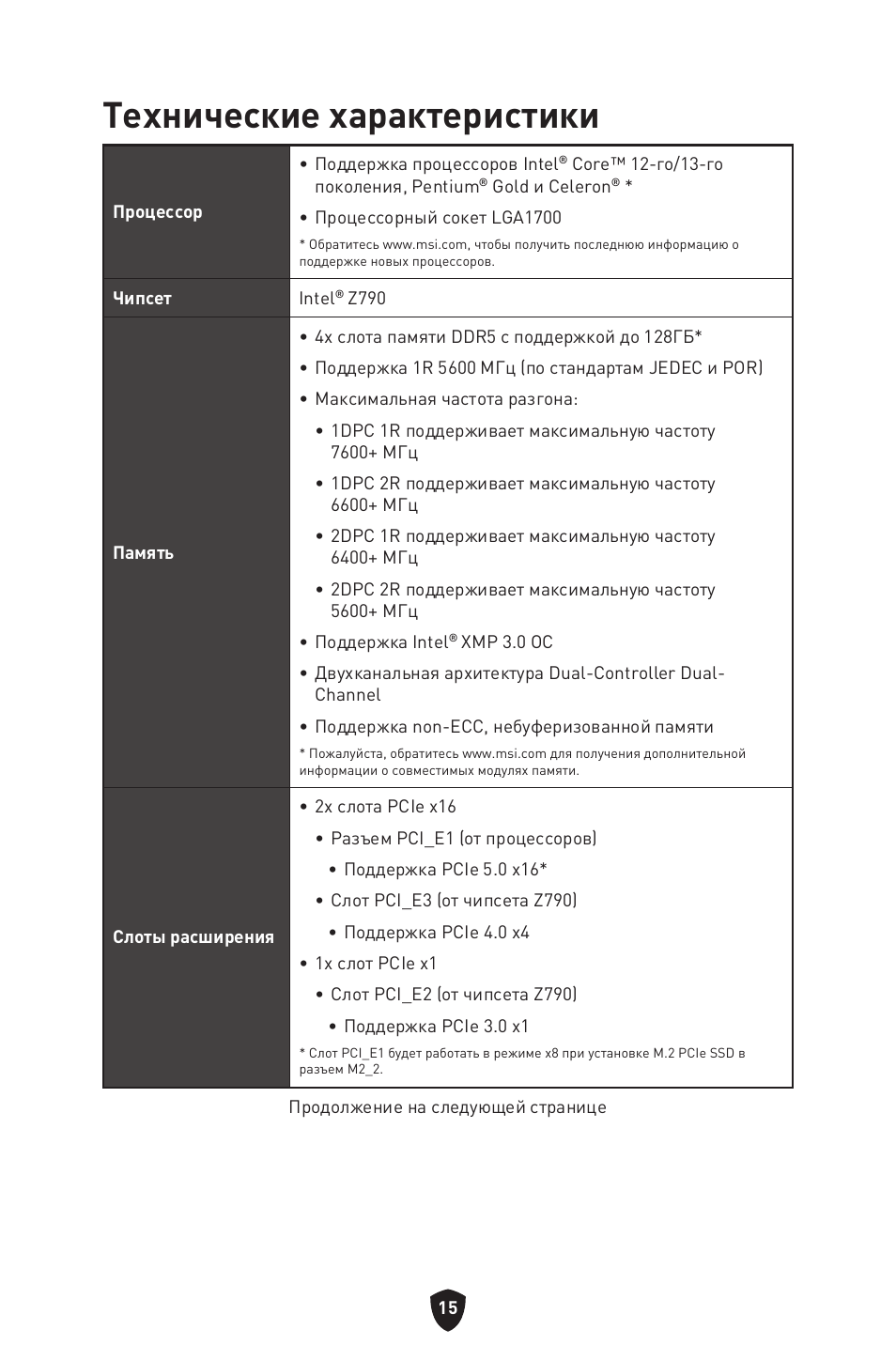 Технические характеристики | MSI MPG Z790 CARBON WIFI LGA 1700 ATX Motherboard User Manual | Page 209 / 524