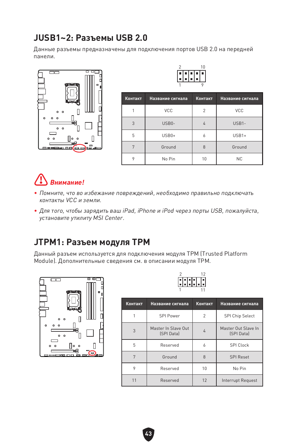 Jusb1~2: разъемы usb 2.0, Jtpm1: разъем модуля трм, Внимание | MSI MPG Z790 CARBON WIFI LGA 1700 ATX Motherboard User Manual | Page 237 / 524