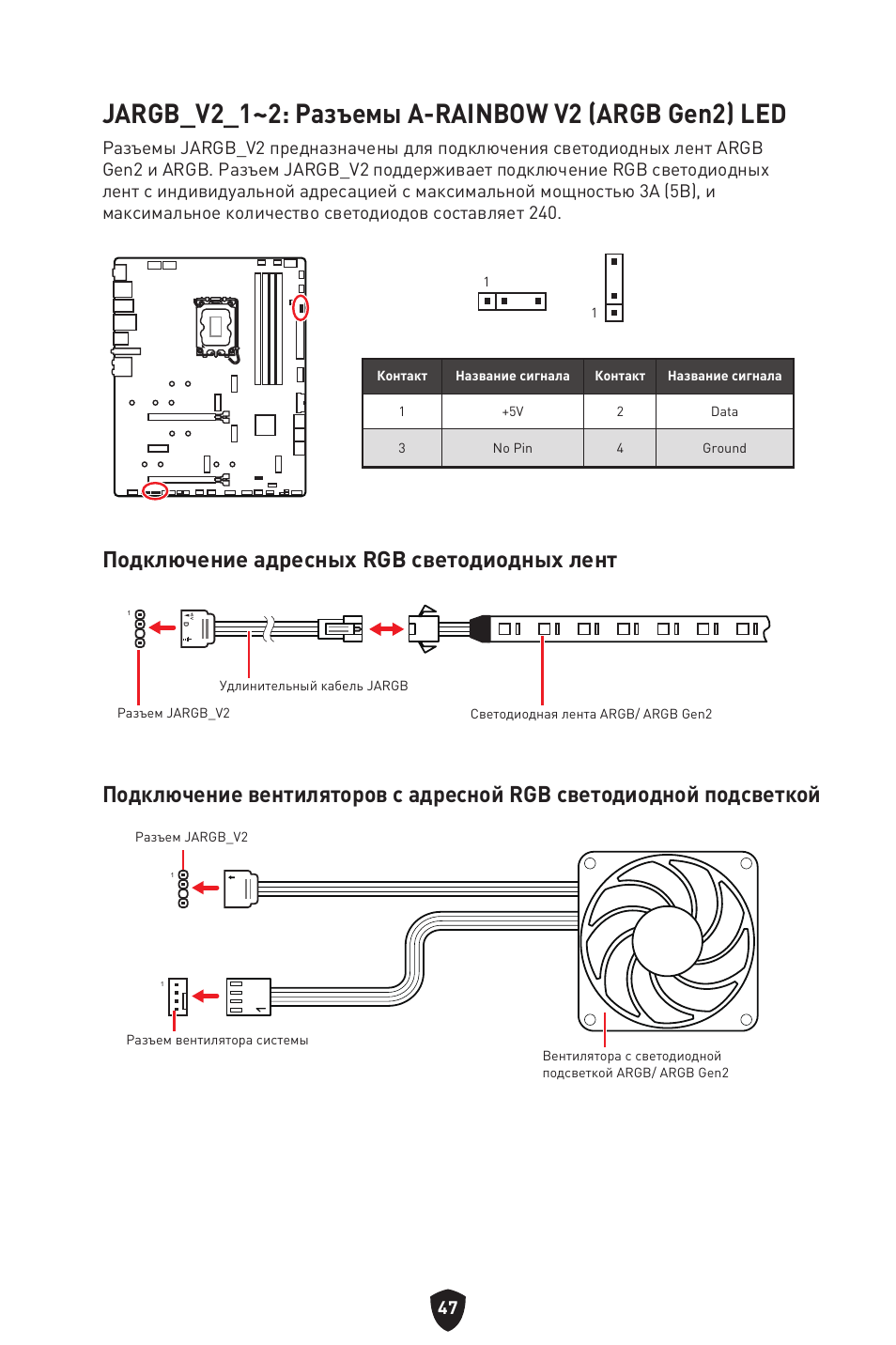 Jargb_v2_1~2: разъемы a-rainbow v2 (argb gen2) led | MSI MPG Z790 CARBON WIFI LGA 1700 ATX Motherboard User Manual | Page 241 / 524