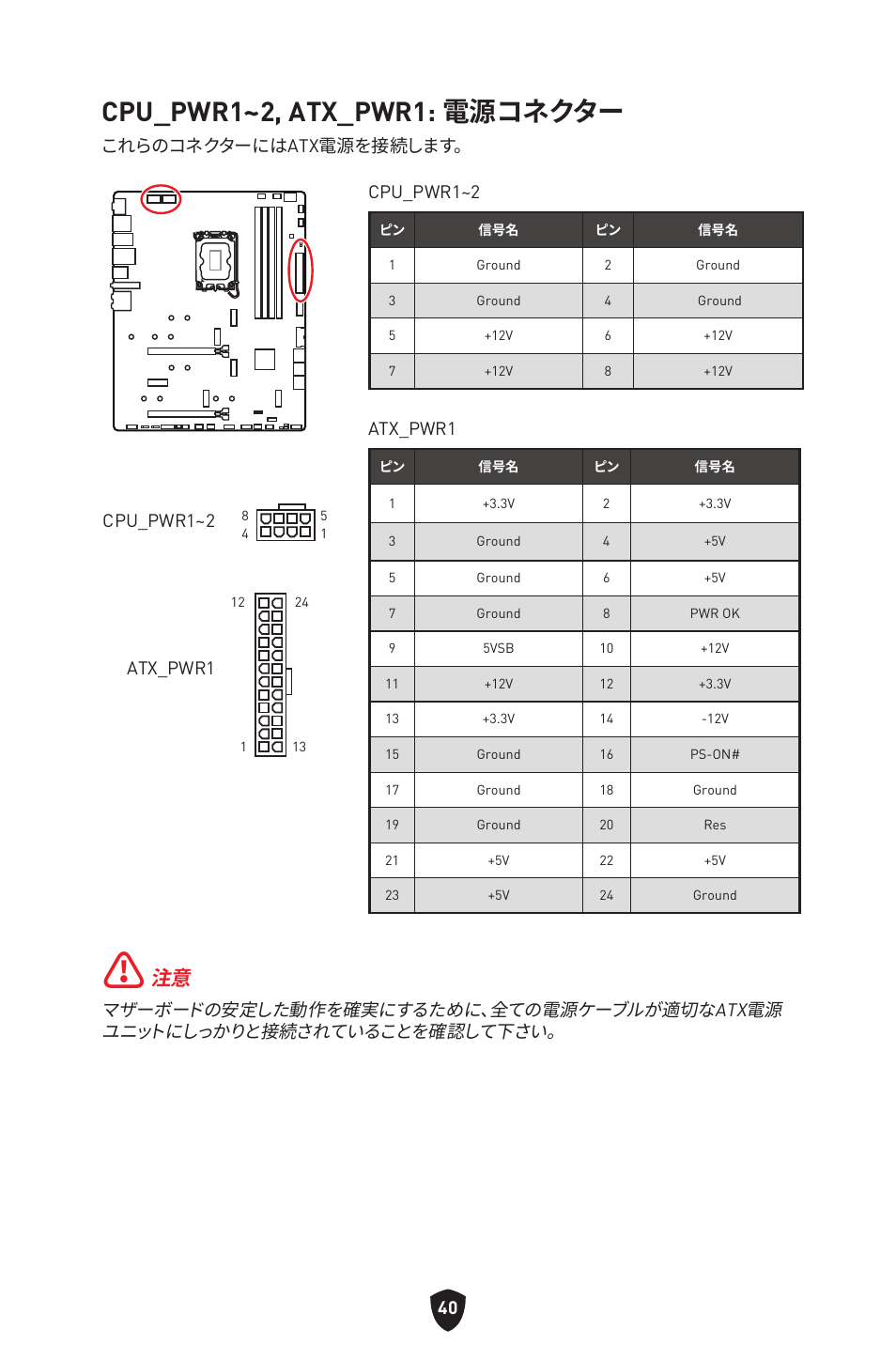 Cpu_pwr1~2, atx_pwr1: 電源コネクター, これらのコネクターにはatx電源を接続します。 cpu_pwr1~2, Atx_pwr1 | Cpu_pwr1~2 | MSI MPG Z790 CARBON WIFI LGA 1700 ATX Motherboard User Manual | Page 298 / 524