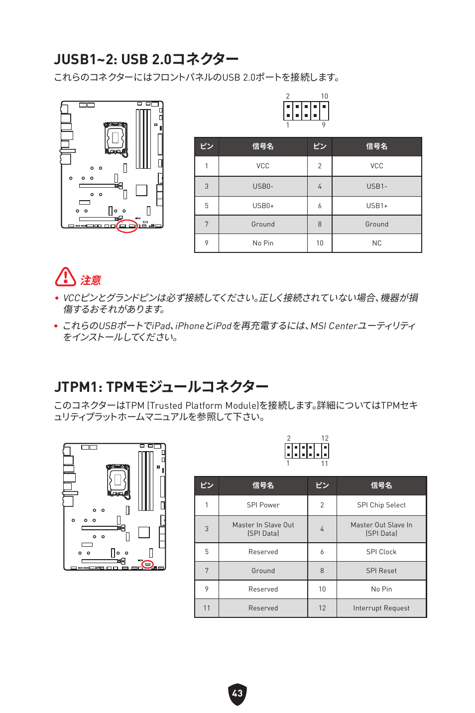 Jusb1~2: usb 2.0コネクター, Jtpm1: tpmモジュールコネクター | MSI MPG Z790 CARBON WIFI LGA 1700 ATX Motherboard User Manual | Page 301 / 524