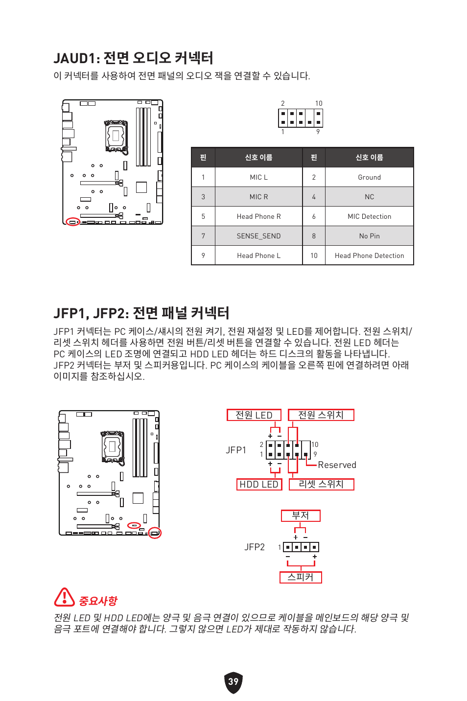 Jaud1: 전면 오디오 커넥터, Jfp1, jfp2: 전면 패널 커넥터, 중요사항 | MSI MPG Z790 CARBON WIFI LGA 1700 ATX Motherboard User Manual | Page 361 / 524