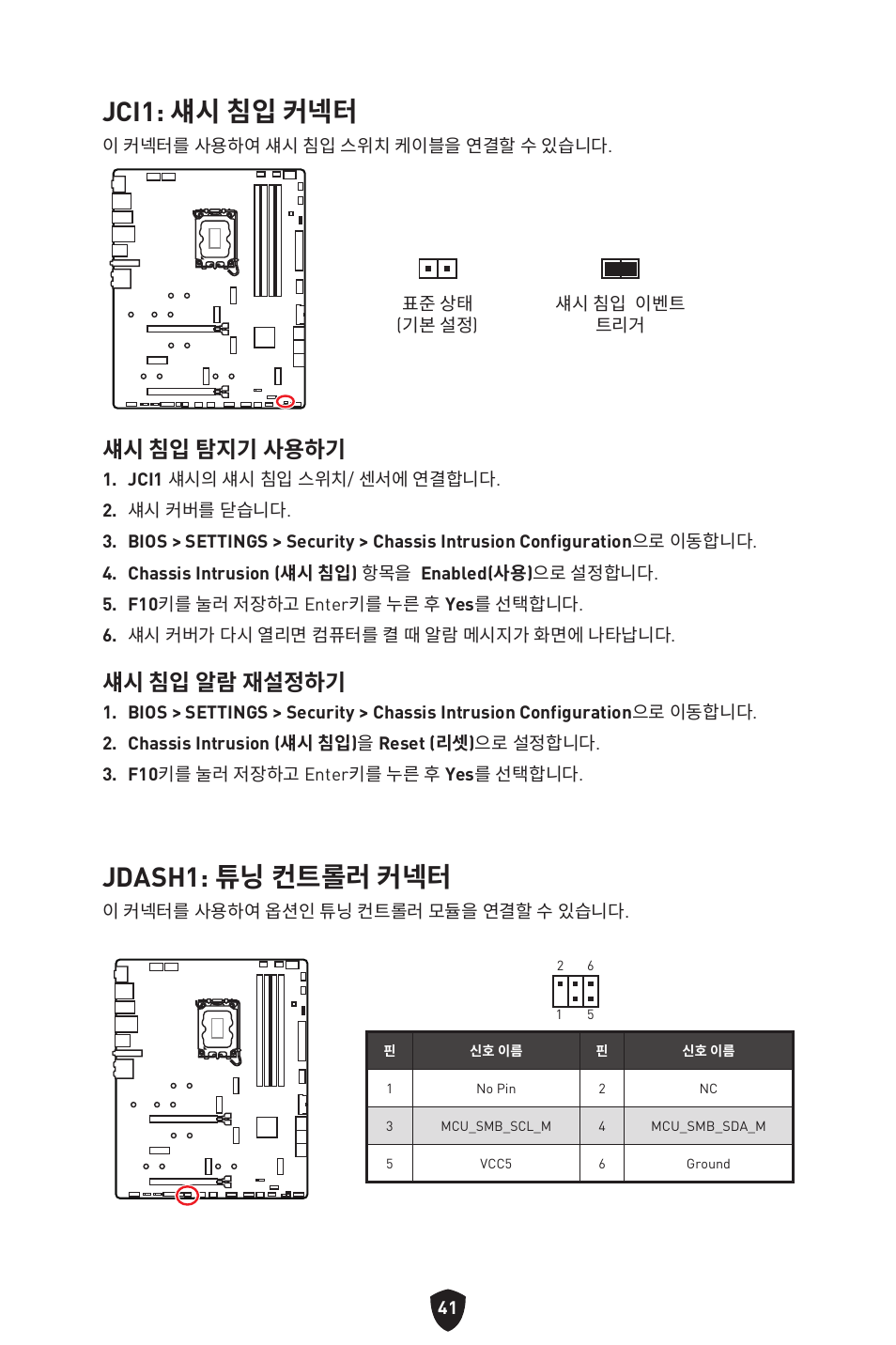 Jci1: 섀시 침입 커넥터, Jdash1: 튜닝 컨트롤러 커넥터, 섀시 침입 탐지기 사용하기 | 섀시 침입 알람 재설정하기 | MSI MPG Z790 CARBON WIFI LGA 1700 ATX Motherboard User Manual | Page 363 / 524