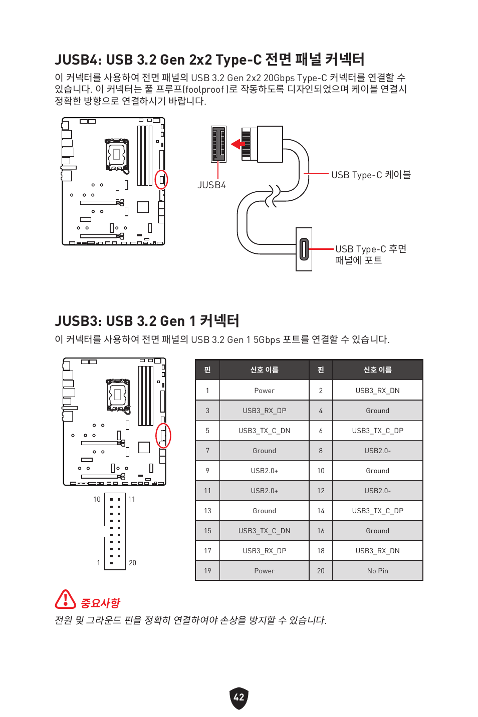 Jusb4: usb 3.2 gen 2x2 type-c 전면 패널 커넥터, Jusb3: usb 3.2 gen 1 커넥터, 중요사항 | MSI MPG Z790 CARBON WIFI LGA 1700 ATX Motherboard User Manual | Page 364 / 524
