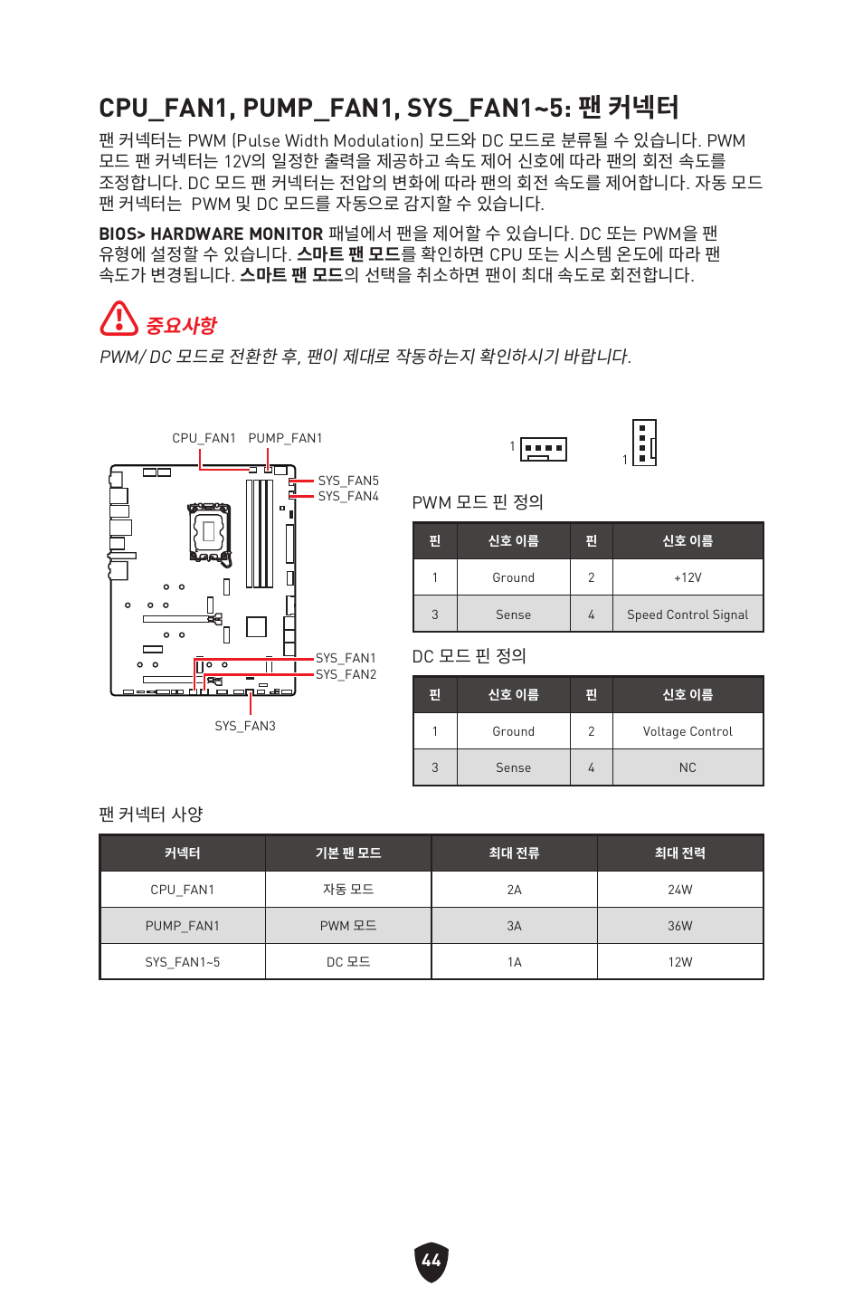 Cpu_fan1, pump_fan1, sys_fan1~5: 팬 커넥터, 중요사항 | MSI MPG Z790 CARBON WIFI LGA 1700 ATX Motherboard User Manual | Page 366 / 524