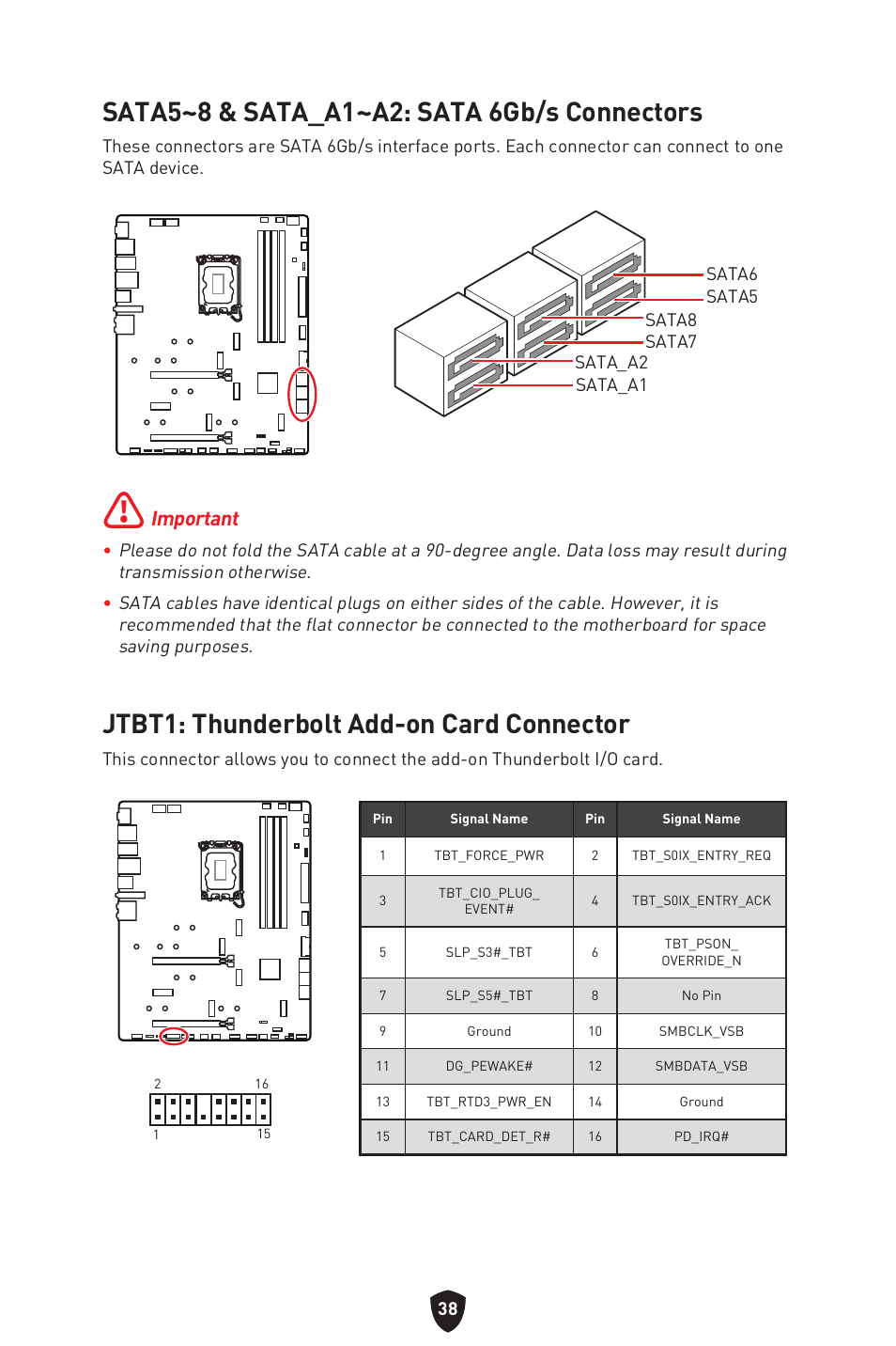 Sata5~8 & sata_a1~a2: sata 6gb/s connectors, Jtbt1: thunderbolt add-on card connector, Important | MSI MPG Z790 CARBON WIFI LGA 1700 ATX Motherboard User Manual | Page 40 / 524