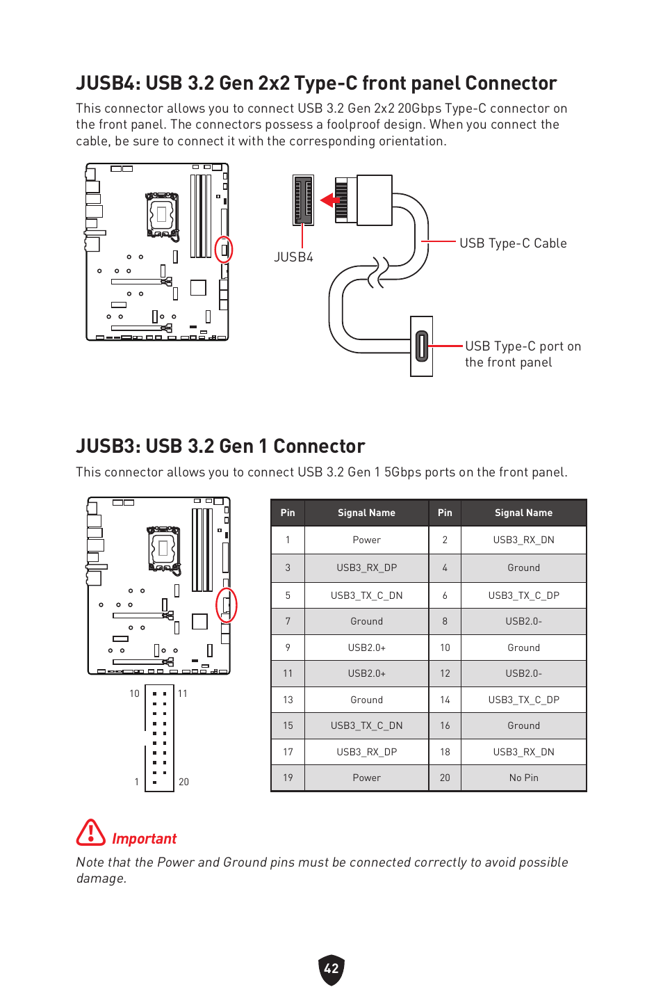 Jusb3: usb 3.2 gen 1 connector, Important | MSI MPG Z790 CARBON WIFI LGA 1700 ATX Motherboard User Manual | Page 44 / 524