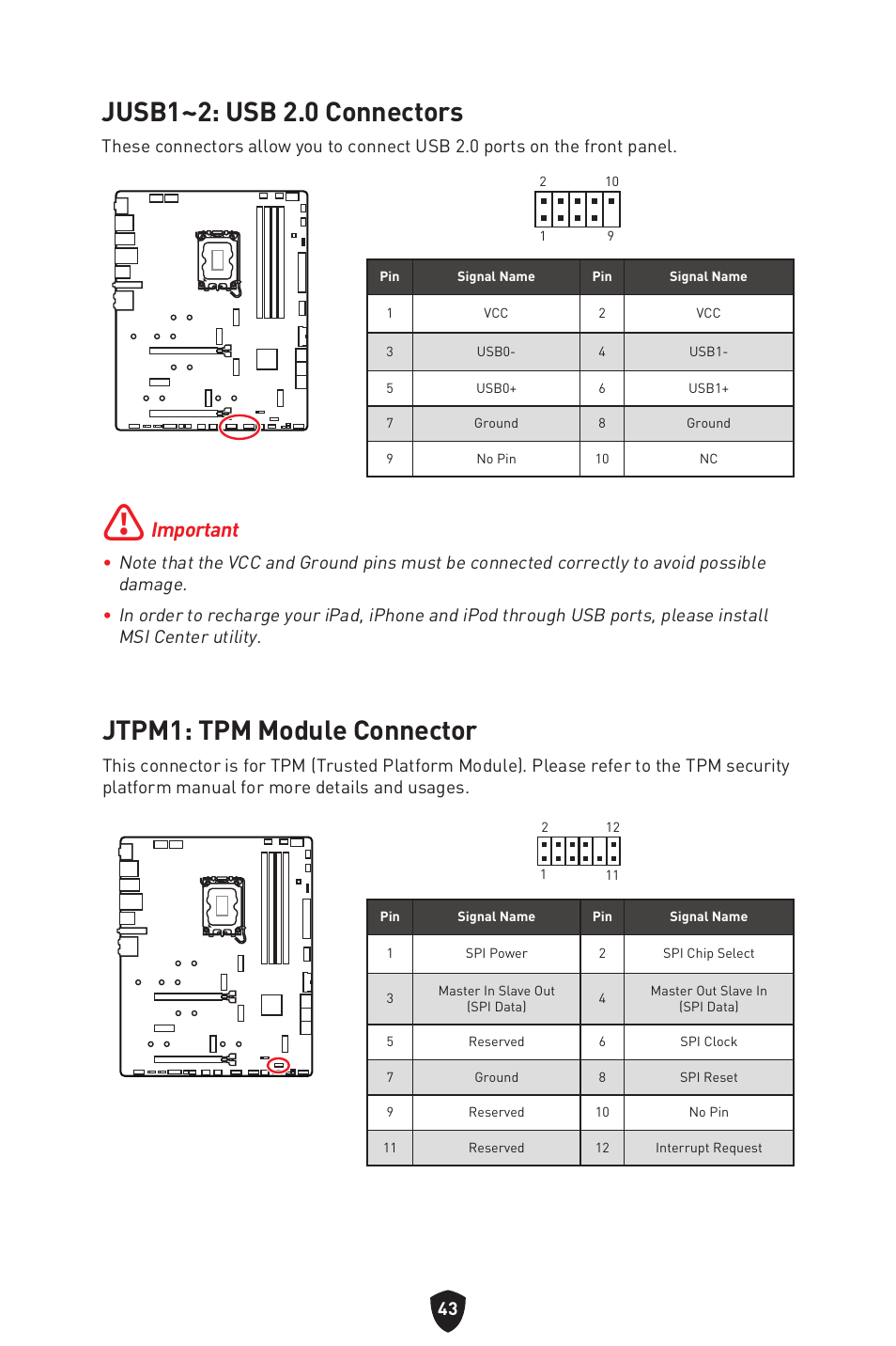 Jusb1~2: usb 2.0 connectors, Jtpm1: tpm module connector, Important | MSI MPG Z790 CARBON WIFI LGA 1700 ATX Motherboard User Manual | Page 45 / 524