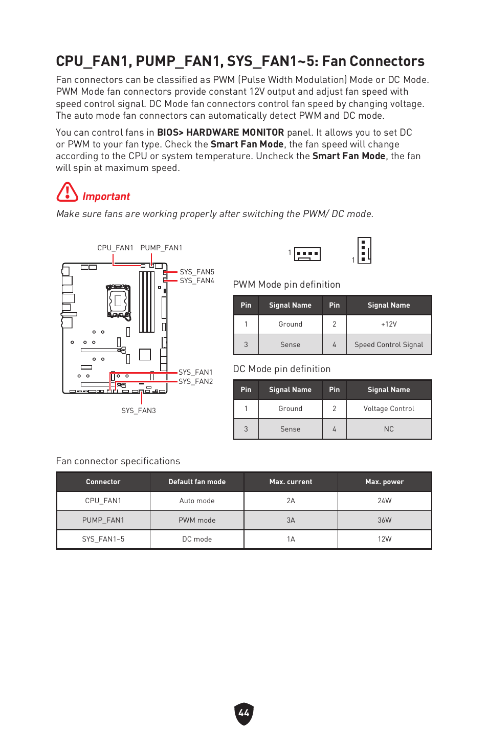 Cpu_fan1, pump_fan1, sys_fan1~5: fan connectors, Important | MSI MPG Z790 CARBON WIFI LGA 1700 ATX Motherboard User Manual | Page 46 / 524