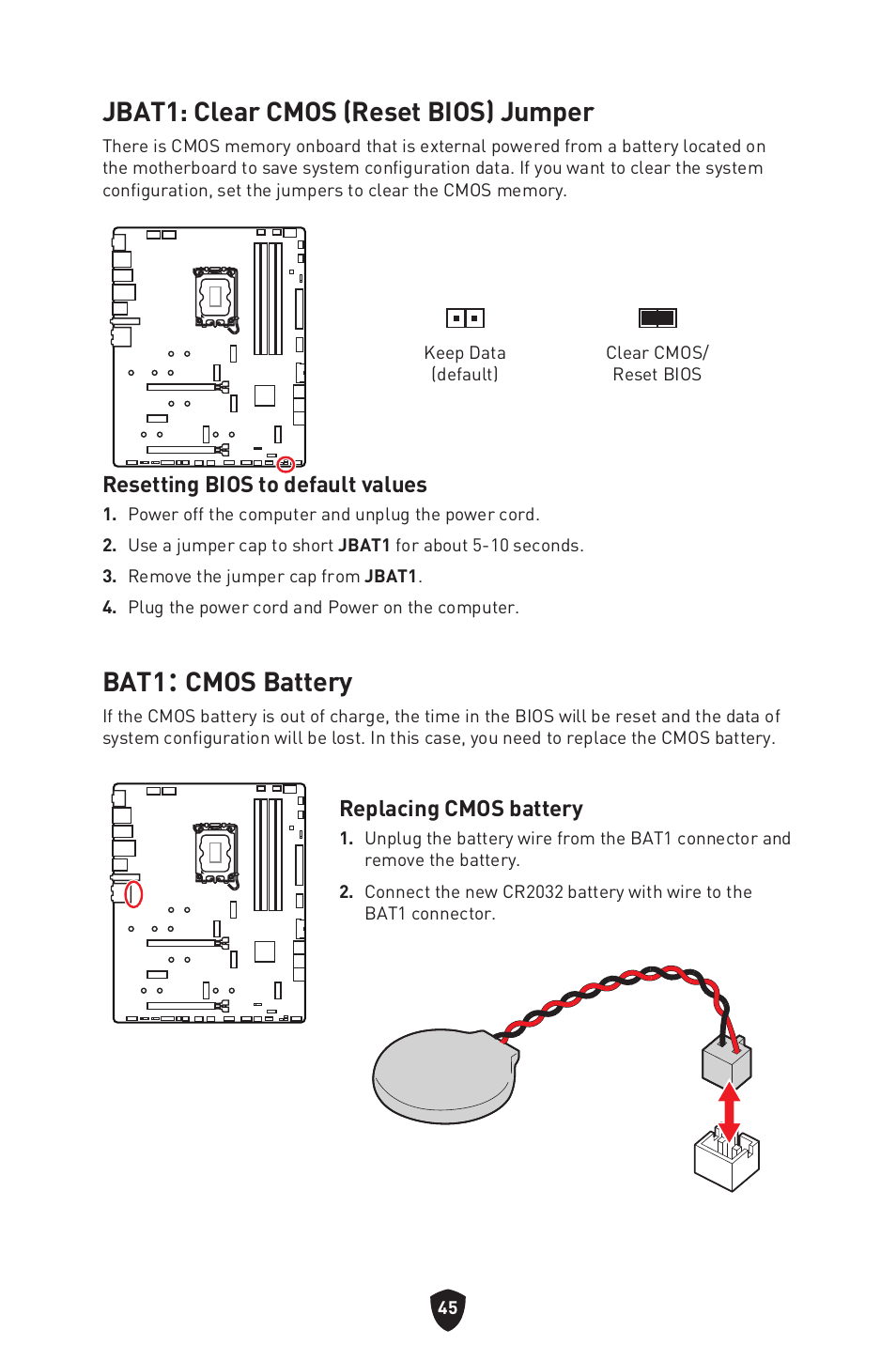 Jbat1: clear cmos (reset bios) jumper, Bat1： cmos battery, Resetting bios to default values | Replacing cmos battery | MSI MPG Z790 CARBON WIFI LGA 1700 ATX Motherboard User Manual | Page 47 / 524