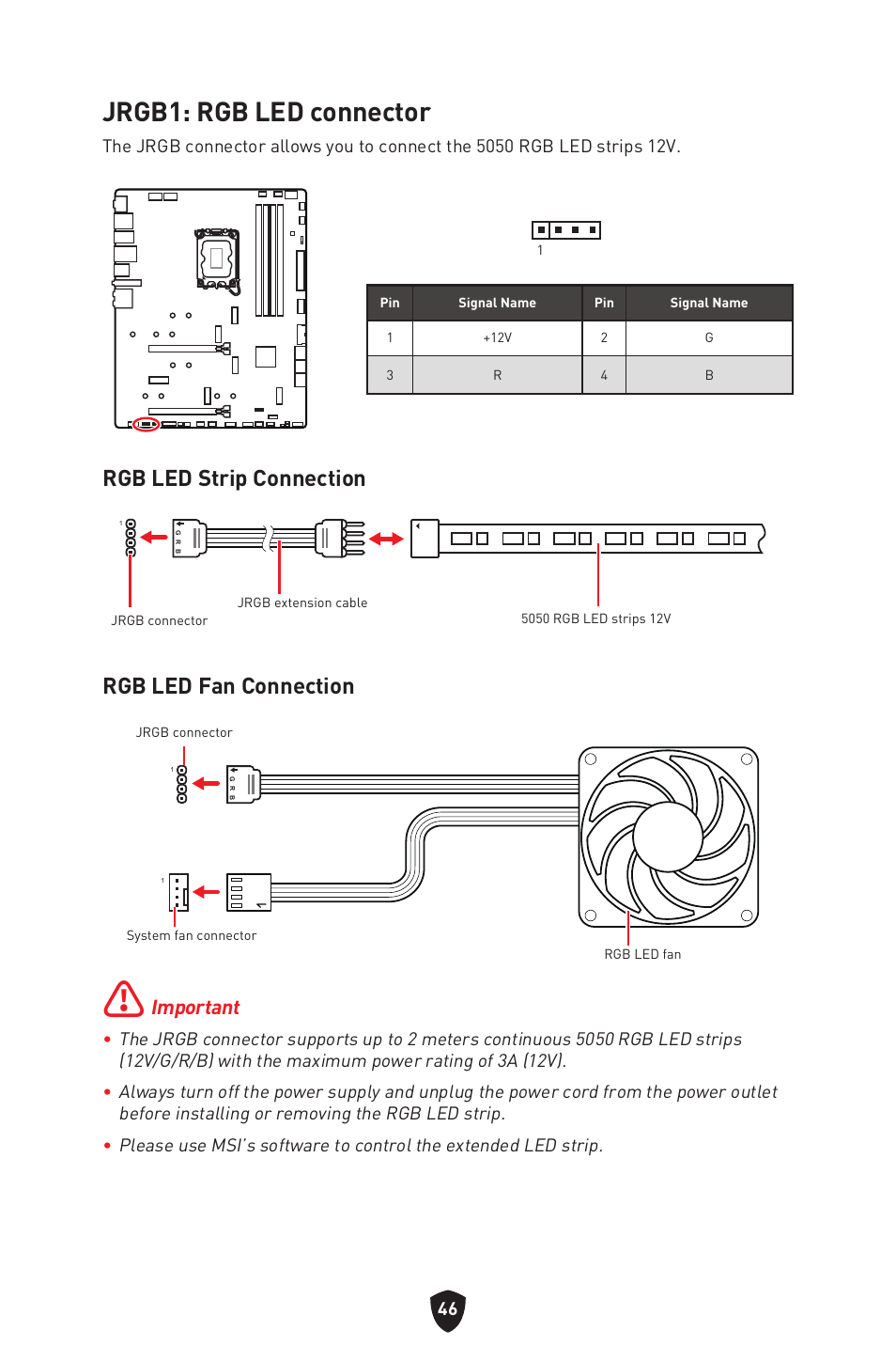 Jrgb1: rgb led connector, Rgb led strip connection, Rgb led fan connection | Important | MSI MPG Z790 CARBON WIFI LGA 1700 ATX Motherboard User Manual | Page 48 / 524