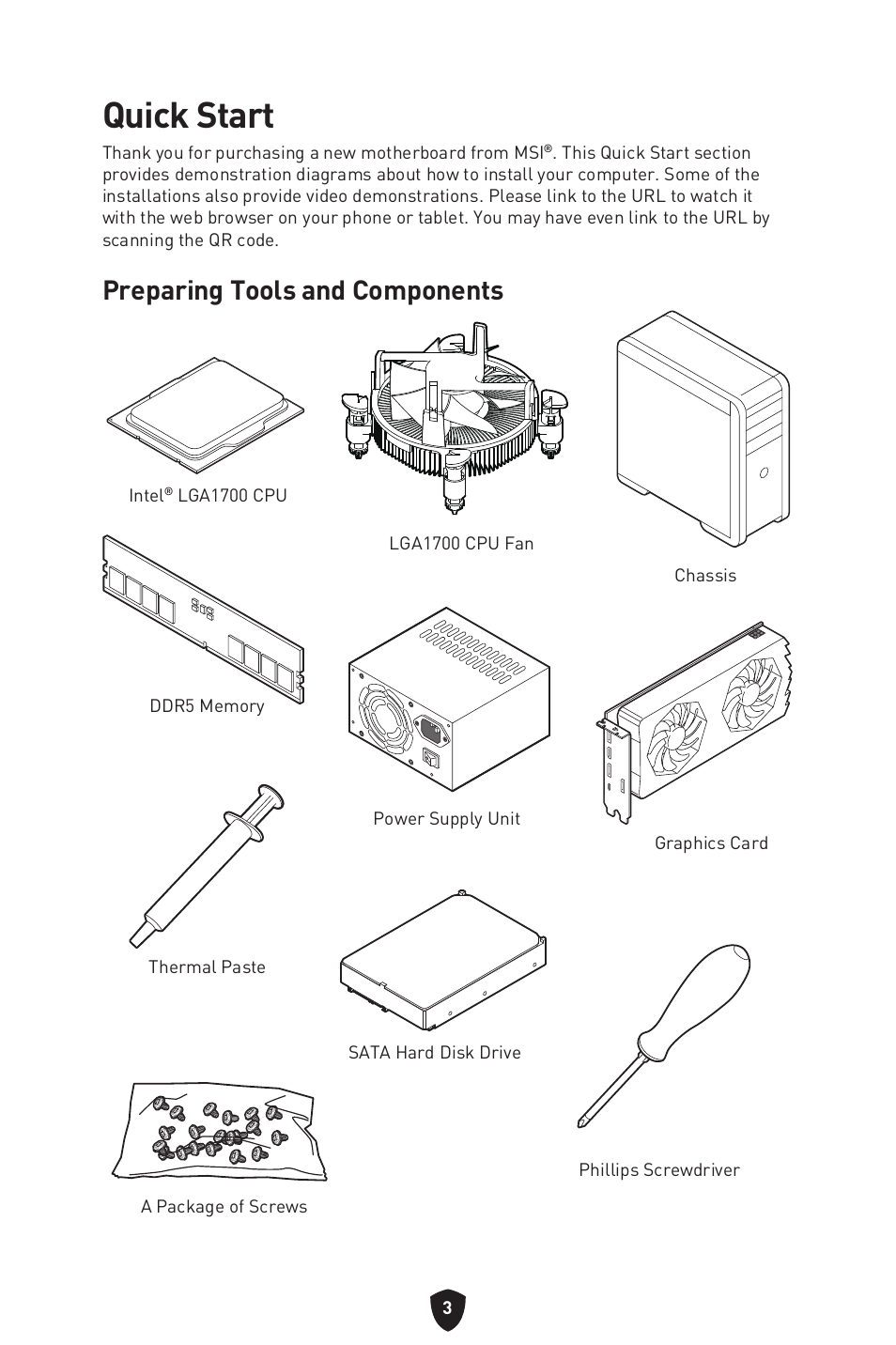 Quick start, Preparing tools and components | MSI MPG Z790 CARBON WIFI LGA 1700 ATX Motherboard User Manual | Page 5 / 524