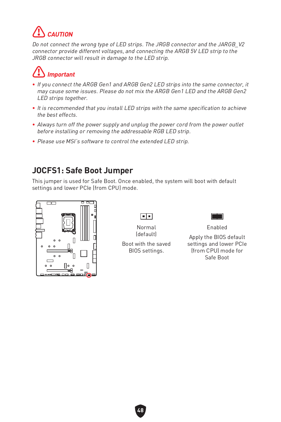 Jocfs1: safe boot jumper | MSI MPG Z790 CARBON WIFI LGA 1700 ATX Motherboard User Manual | Page 50 / 524