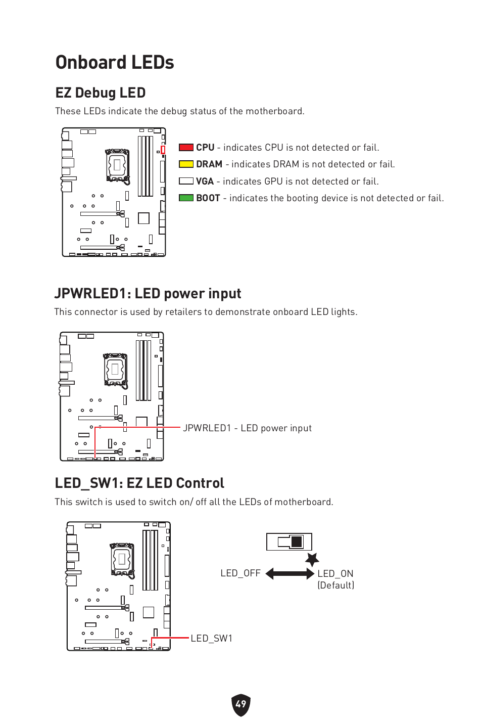 Onboard leds, Ez debug led, Jpwrled1: led power input | Led_sw1: ez led control | MSI MPG Z790 CARBON WIFI LGA 1700 ATX Motherboard User Manual | Page 51 / 524