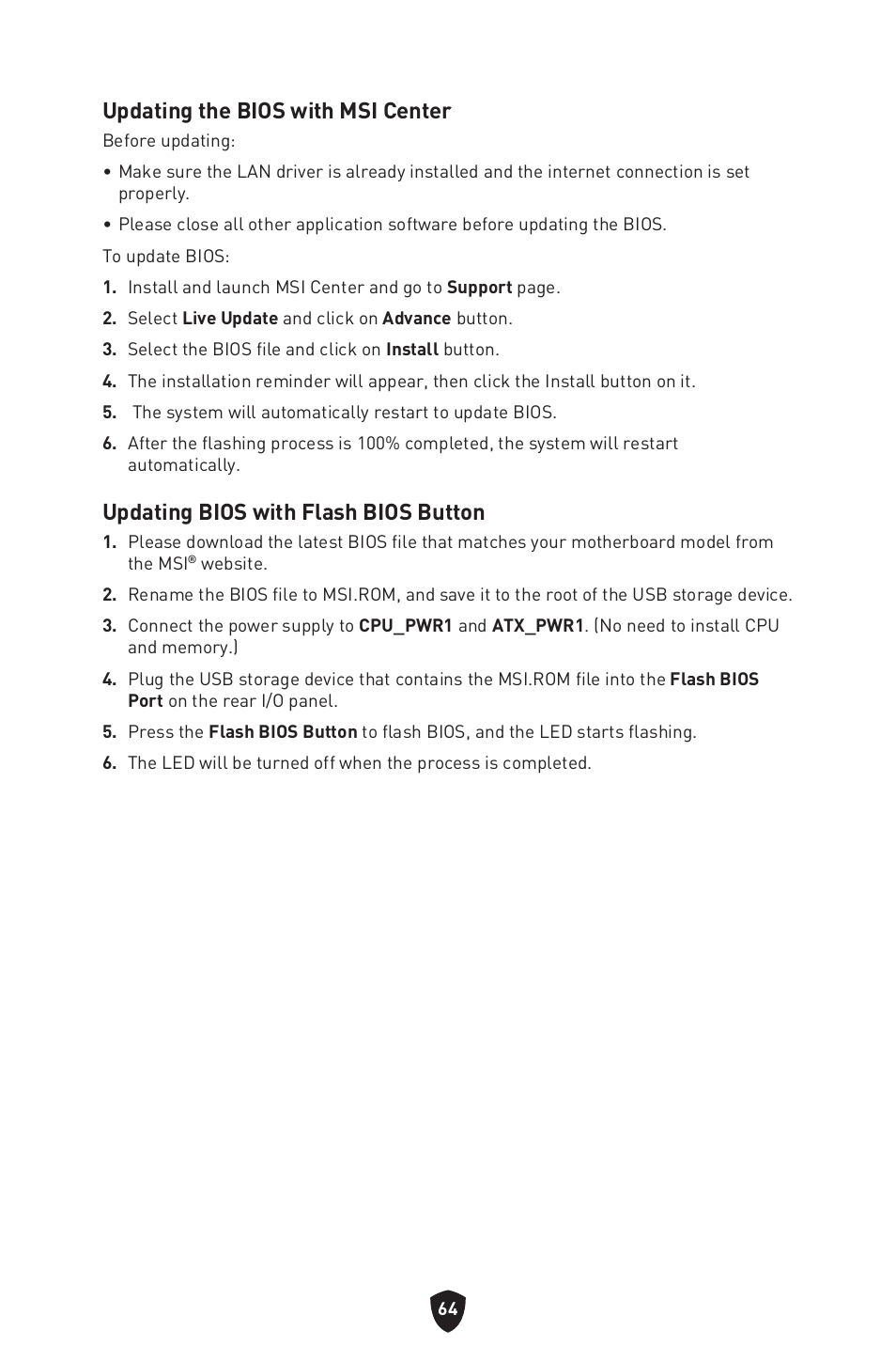 Updating the bios with msi center, Updating bios with flash bios button | MSI MPG Z790 CARBON WIFI LGA 1700 ATX Motherboard User Manual | Page 66 / 524