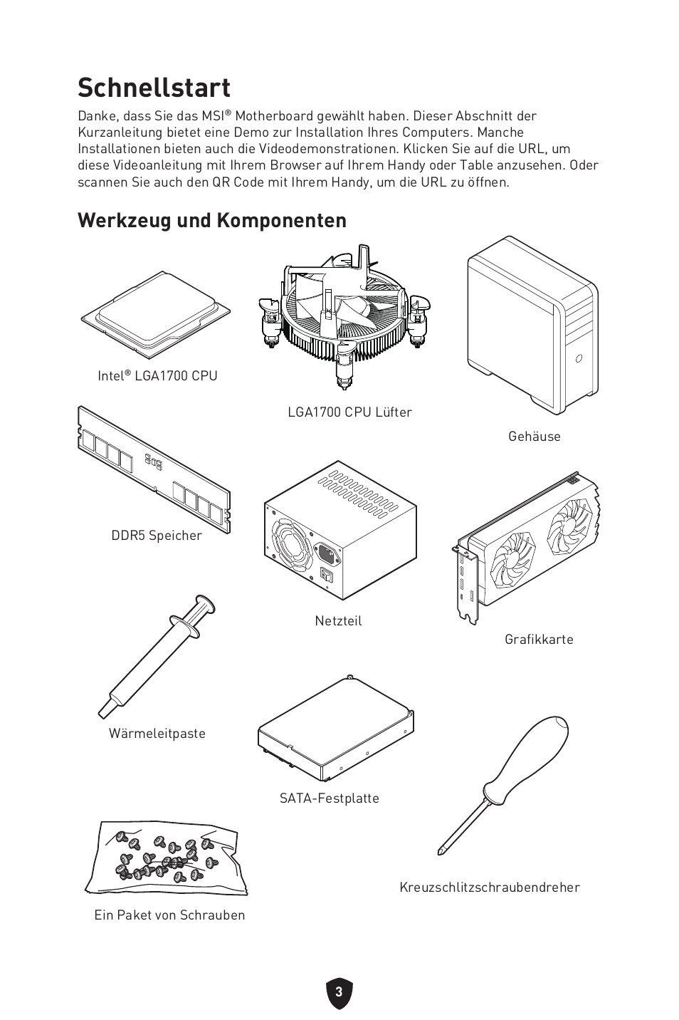 Schnellstart, Werkzeug und komponenten | MSI MPG Z790 CARBON WIFI LGA 1700 ATX Motherboard User Manual | Page 69 / 524