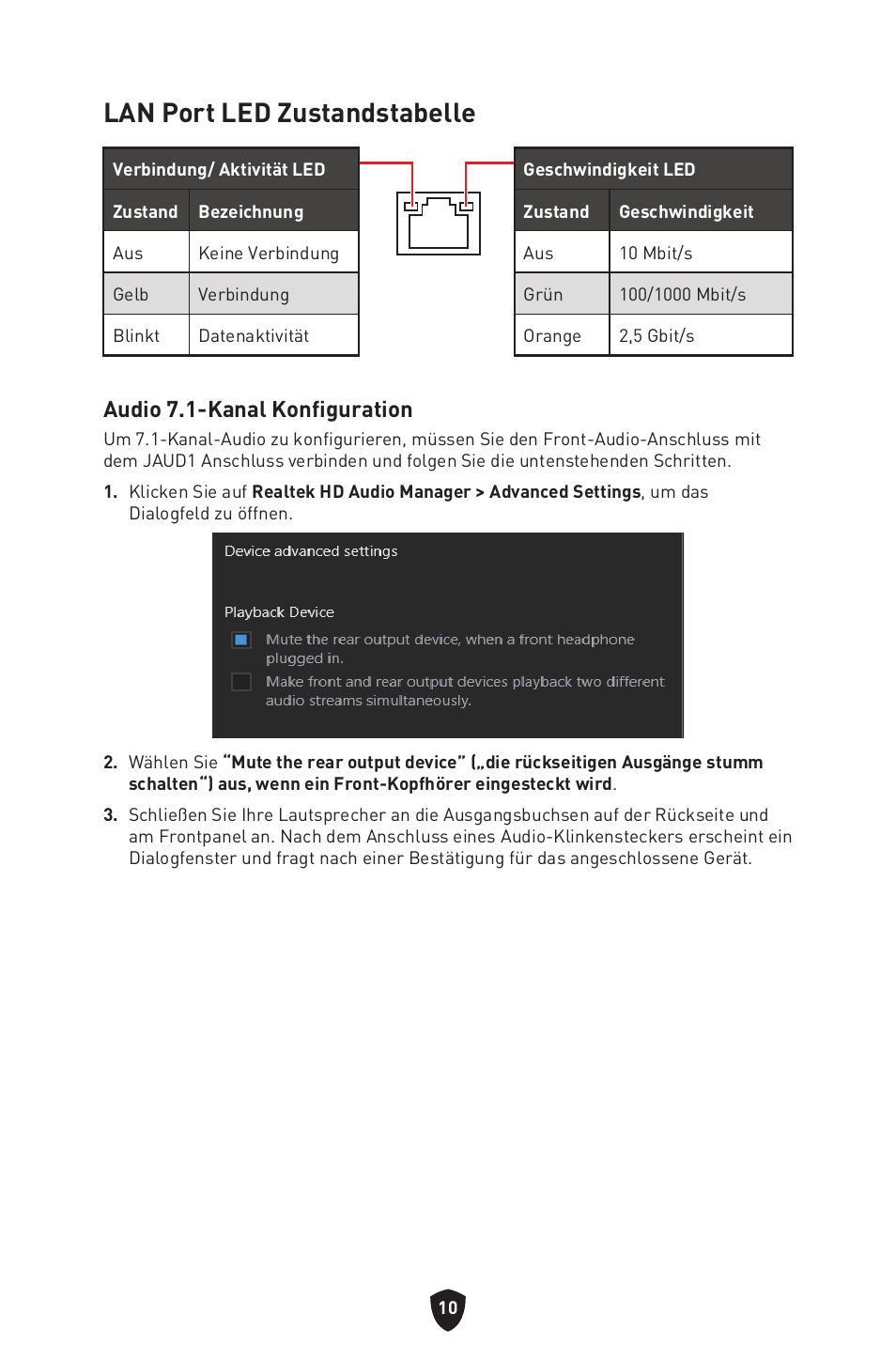 Lan port led zustandstabelle, Audio 7.1-kanal konfiguration | MSI MAG B660M MORTAR WIFI DDR4 Micro-ATX Motherboard User Manual | Page 106 / 262