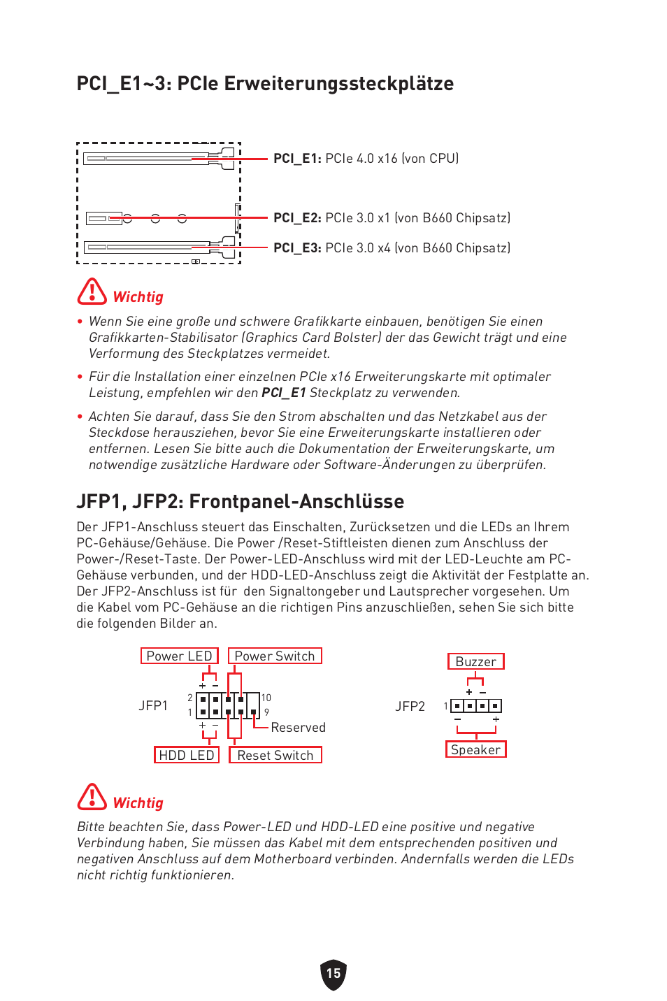 Pci_e1~3: pcie erweiterungssteckplätze, Jfp1, jfp2: frontpanel-anschlüsse | MSI MAG B660M MORTAR WIFI DDR4 Micro-ATX Motherboard User Manual | Page 111 / 262