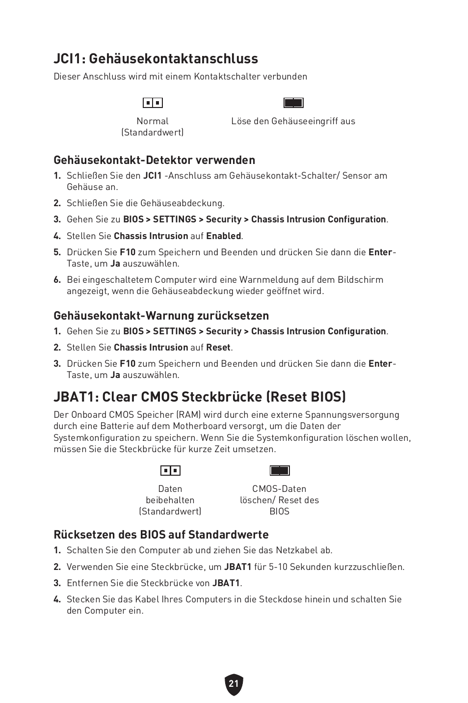 Jci1: gehäusekontaktanschluss, Jbat1: clear cmos steckbrücke (reset bios), Rücksetzen des bios auf standardwerte | Gehäusekontakt-detektor verwenden, Gehäusekontakt-warnung zurücksetzen | MSI MAG B660M MORTAR WIFI DDR4 Micro-ATX Motherboard User Manual | Page 117 / 262