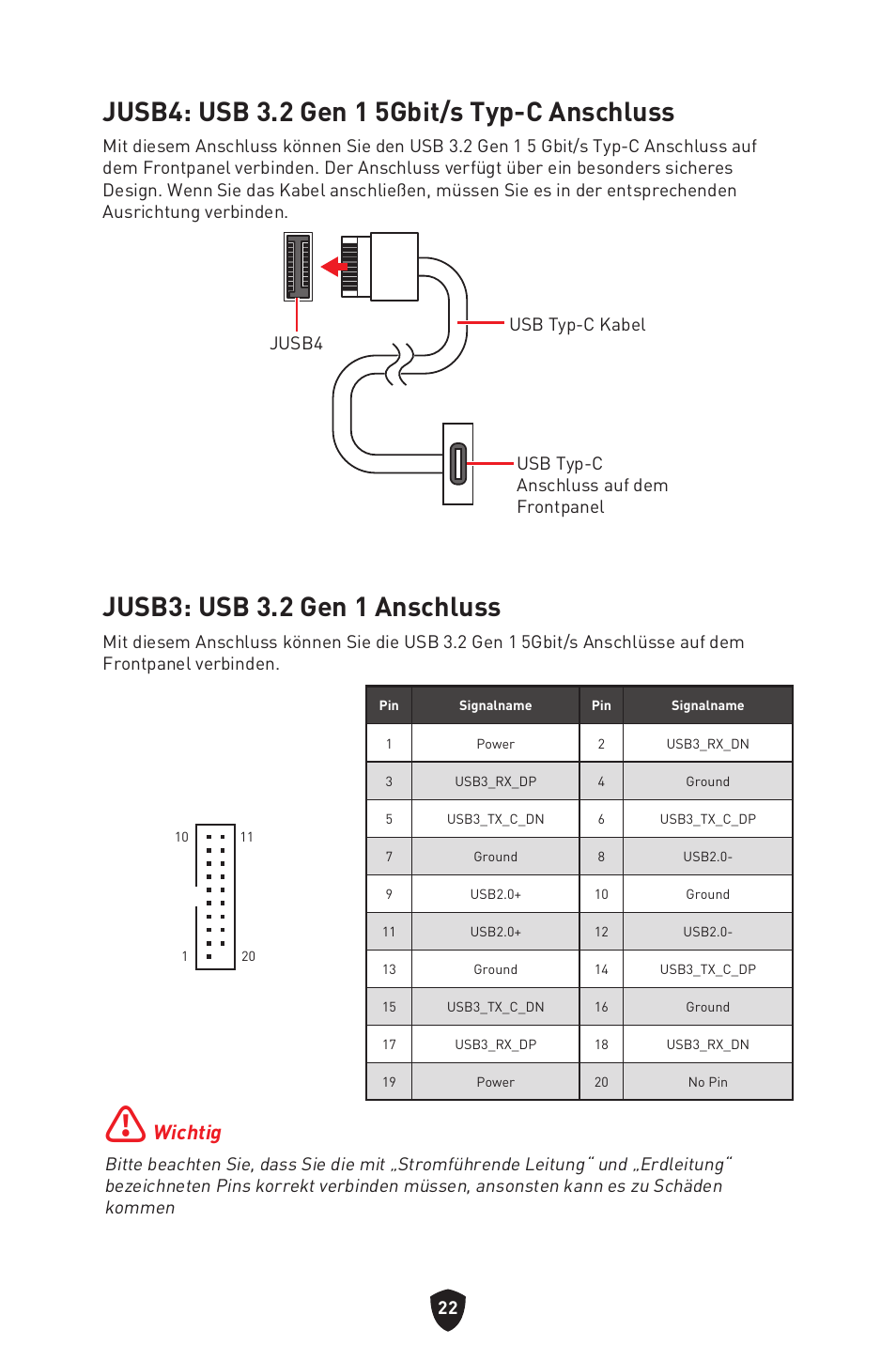 Jusb4: usb 3.2 gen 1 5gbit/s typ-c anschluss, Jusb3: usb 3.2 gen 1 anschluss, Wichtig | MSI MAG B660M MORTAR WIFI DDR4 Micro-ATX Motherboard User Manual | Page 118 / 262