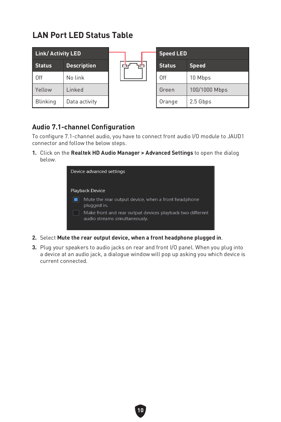 Lan port led status table, Audio 7.1-channel configuration | MSI MAG B660M MORTAR WIFI DDR4 Micro-ATX Motherboard User Manual | Page 12 / 262