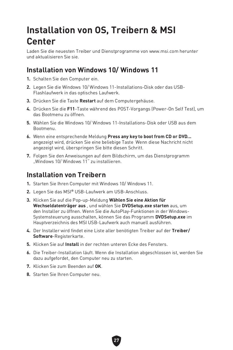 Installation von os, treibern & msi center, Installation von windows 10/ windows 11, Installation von treibern | MSI MAG B660M MORTAR WIFI DDR4 Micro-ATX Motherboard User Manual | Page 123 / 262