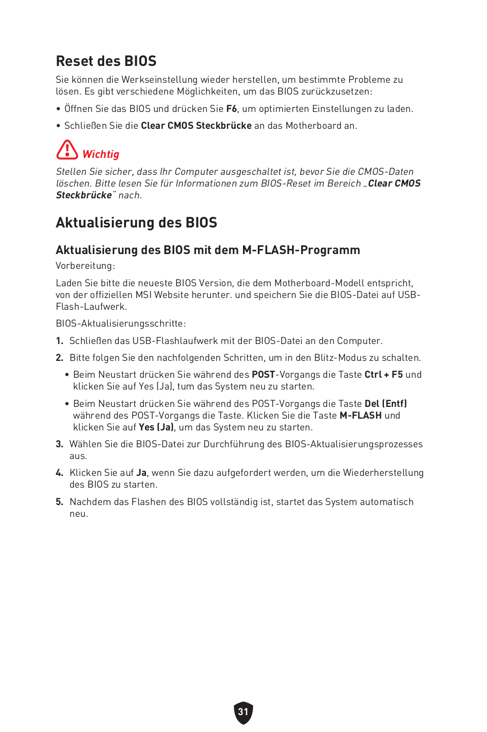 Reset des bios, Aktualisierung des bios, Reset des bios aktualisierung des bios | Aktualisierung des bios mit dem m-flash-programm | MSI MAG B660M MORTAR WIFI DDR4 Micro-ATX Motherboard User Manual | Page 127 / 262