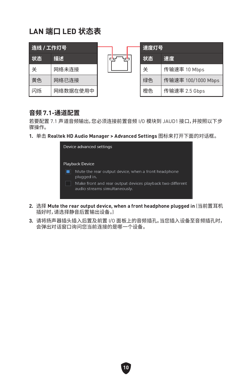 Lan 端口 led 状态表, 音频 7.1-通道配置 | MSI MAG B660M MORTAR WIFI DDR4 Micro-ATX Motherboard User Manual | Page 169 / 262