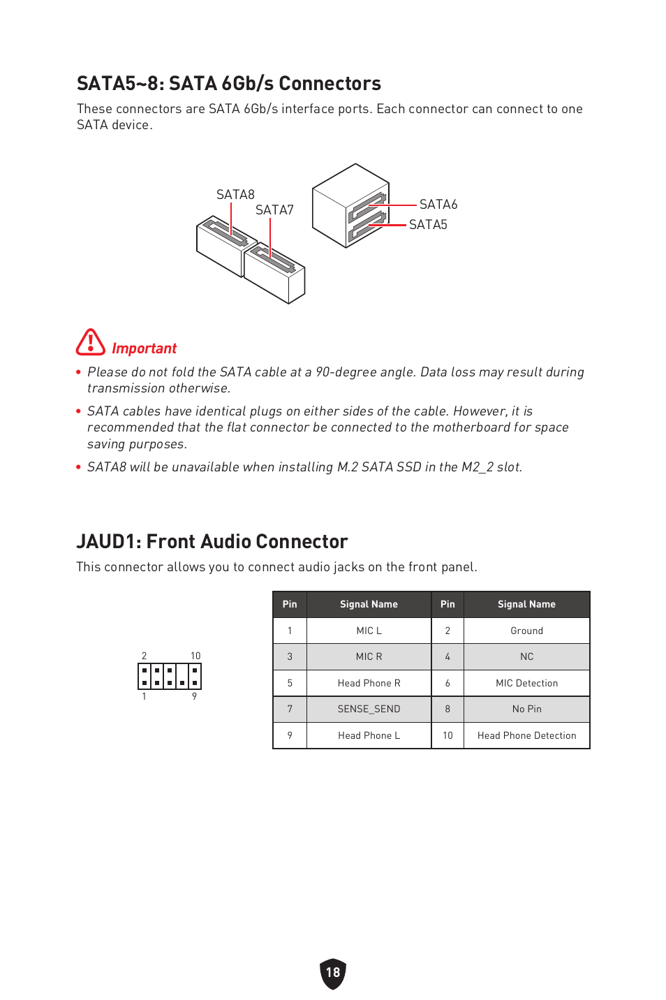 Sata5~8: sata 6gb/s connectors, Jaud1: front audio connector | MSI MAG B660M MORTAR WIFI DDR4 Micro-ATX Motherboard User Manual | Page 20 / 262